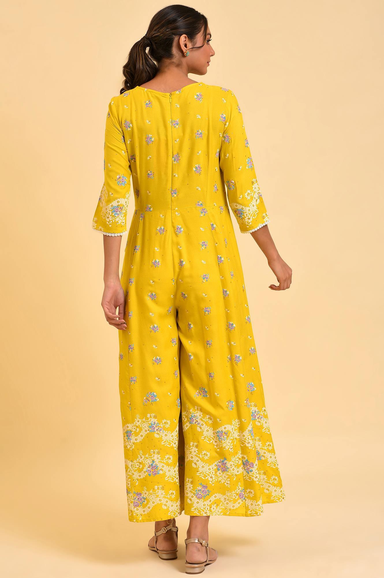 Yellow Glitter Printed Plus Size Angrakha Jumpsuit - wforwoman