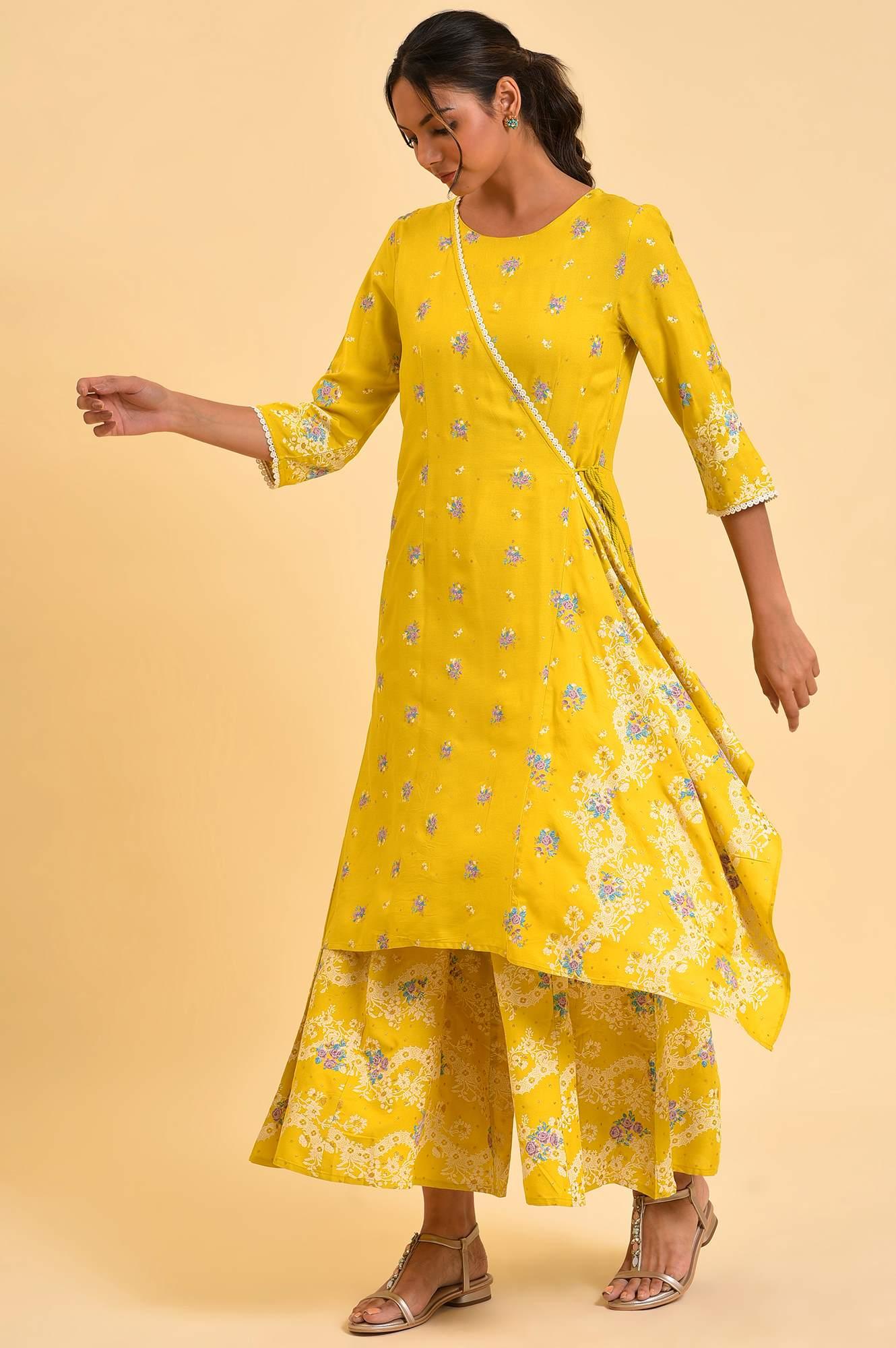 Yellow Glitter Printed Plus Size Angrakha Jumpsuit - wforwoman