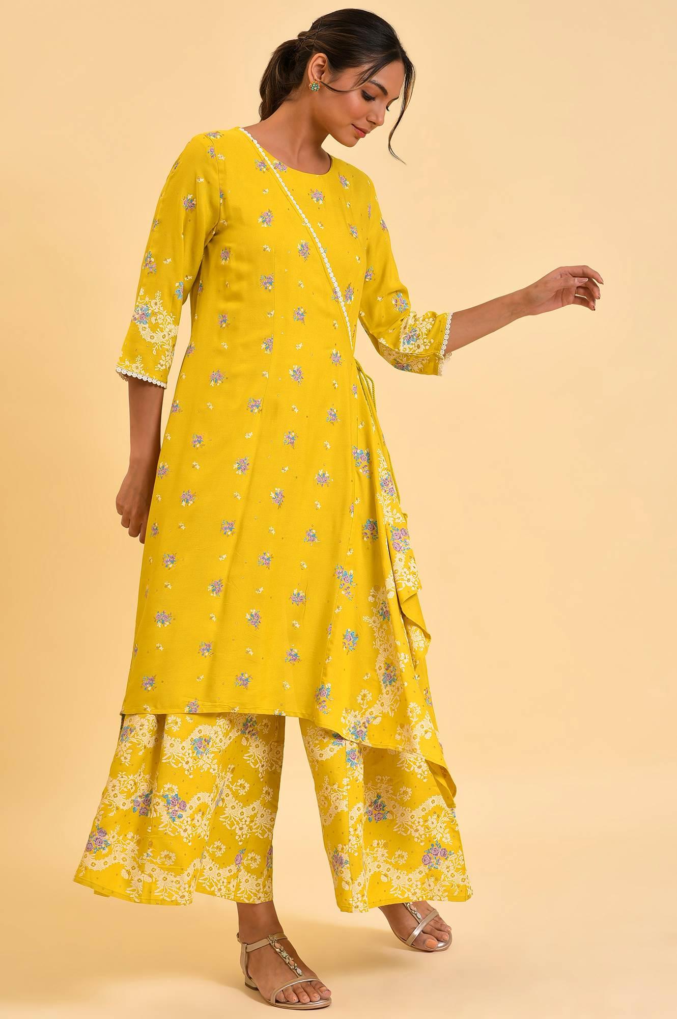 Yellow Glitter Printed Plus Size Angrakha Jumpsuit - wforwoman