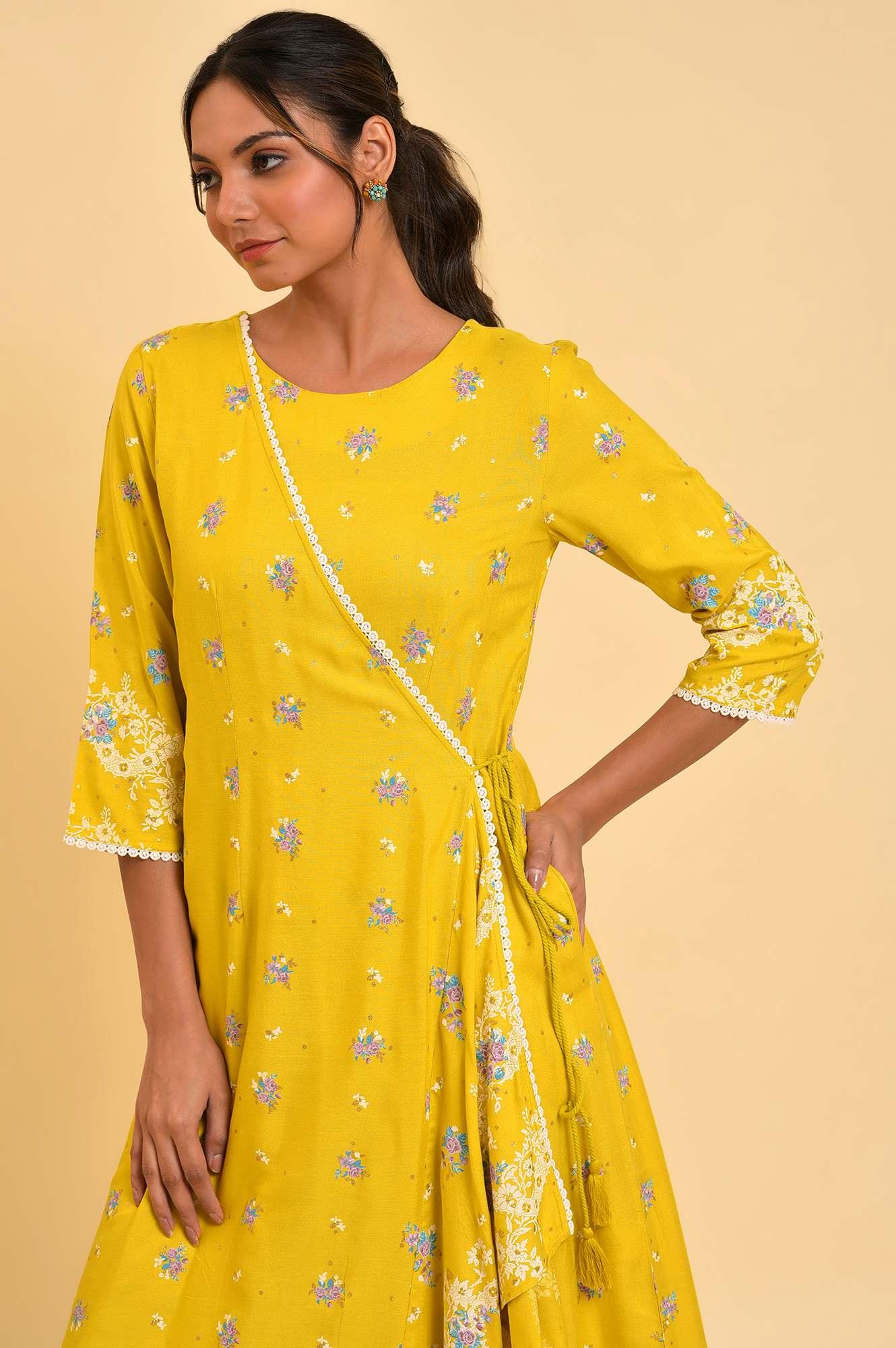 Yellow Glitter Printed Plus Size Angrakha Jumpsuit - wforwoman