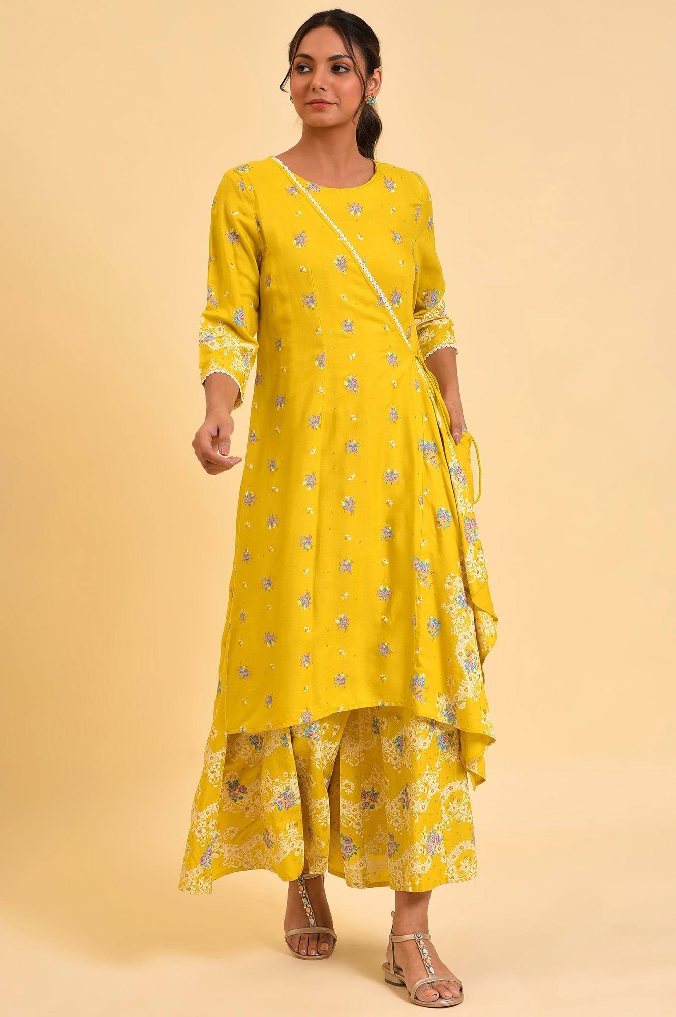 Yellow Glitter Printed Plus Size Angrakha Jumpsuit - wforwoman