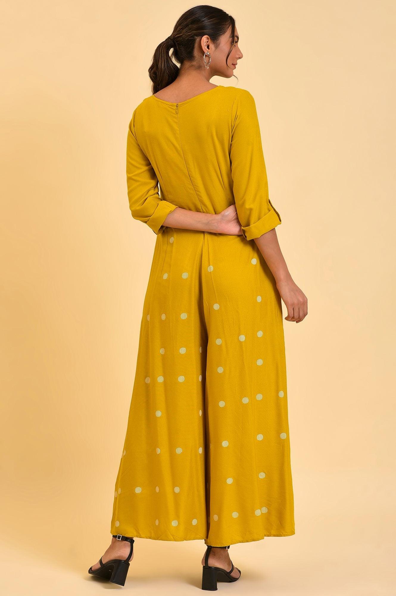 Yellow Polka Dot Jumpsuit with Belt - wforwoman