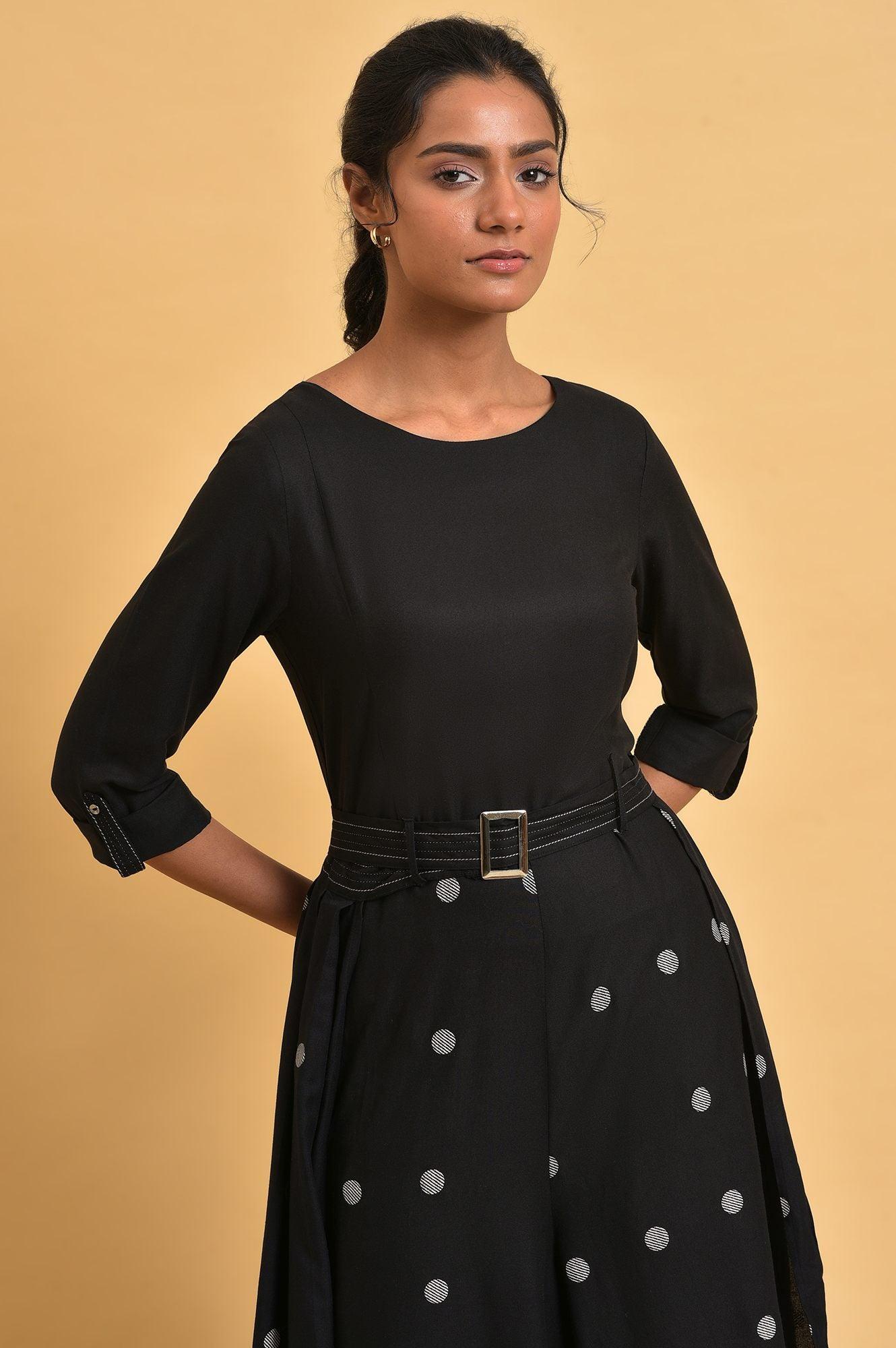 Black Polka Dot Jumpsuit with Belt - wforwoman
