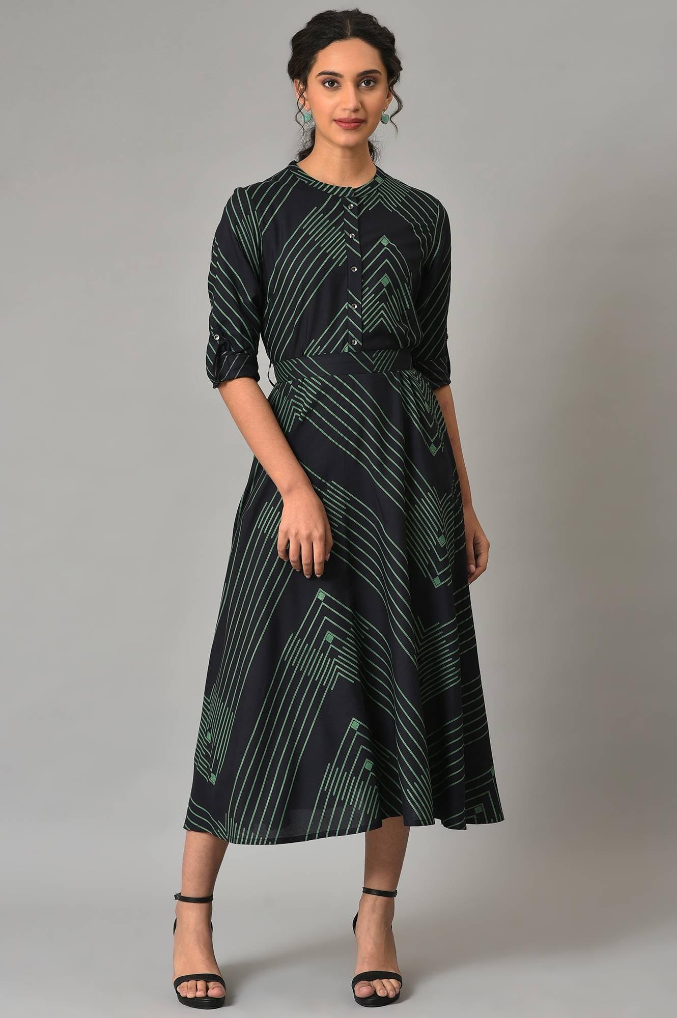 Black Matrix Printed Circular Shirt Dress With Belt - wforwoman