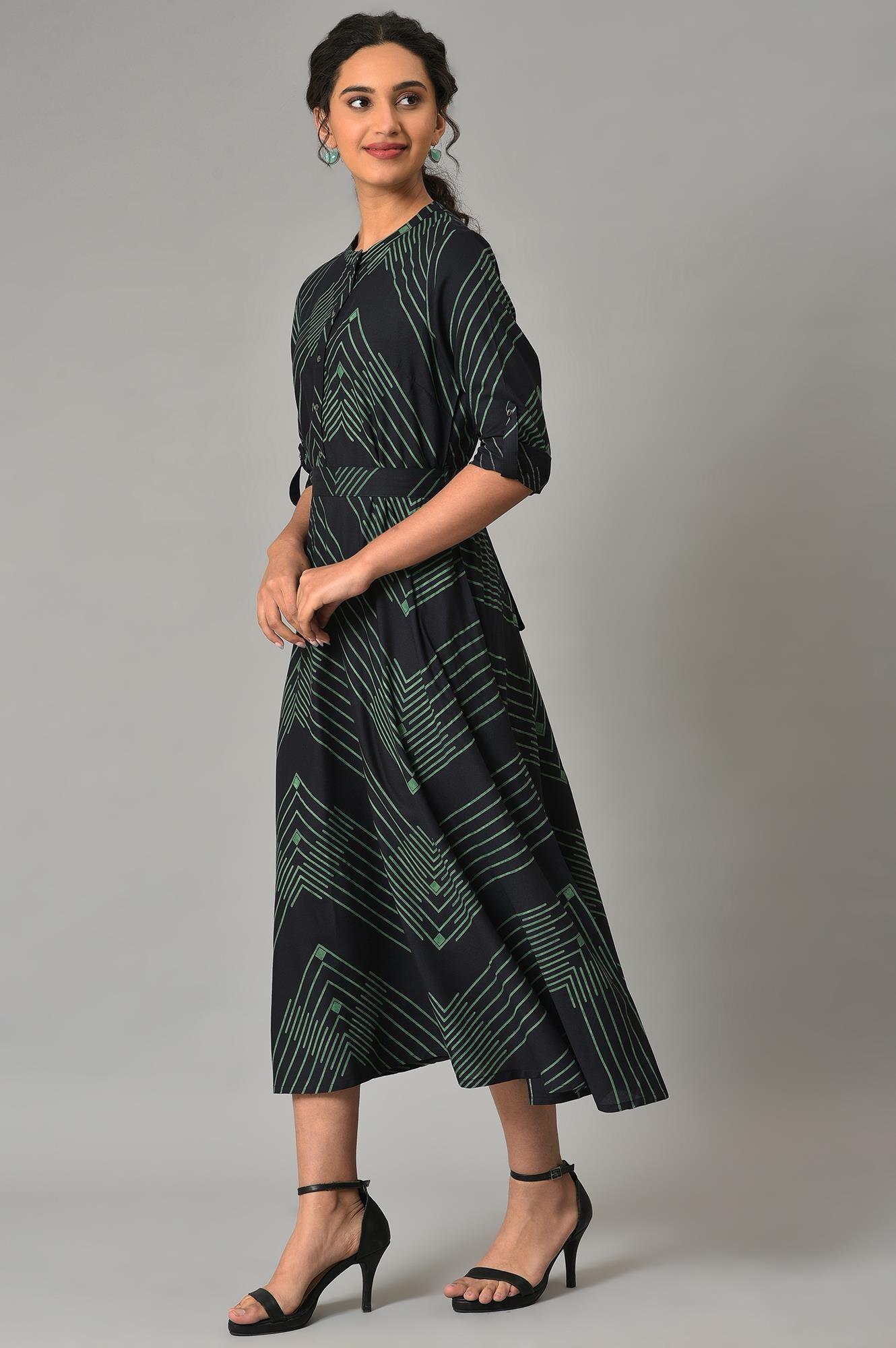 Plus Size Black Matrix Printed Circular Shirt Dress With Belt - wforwoman