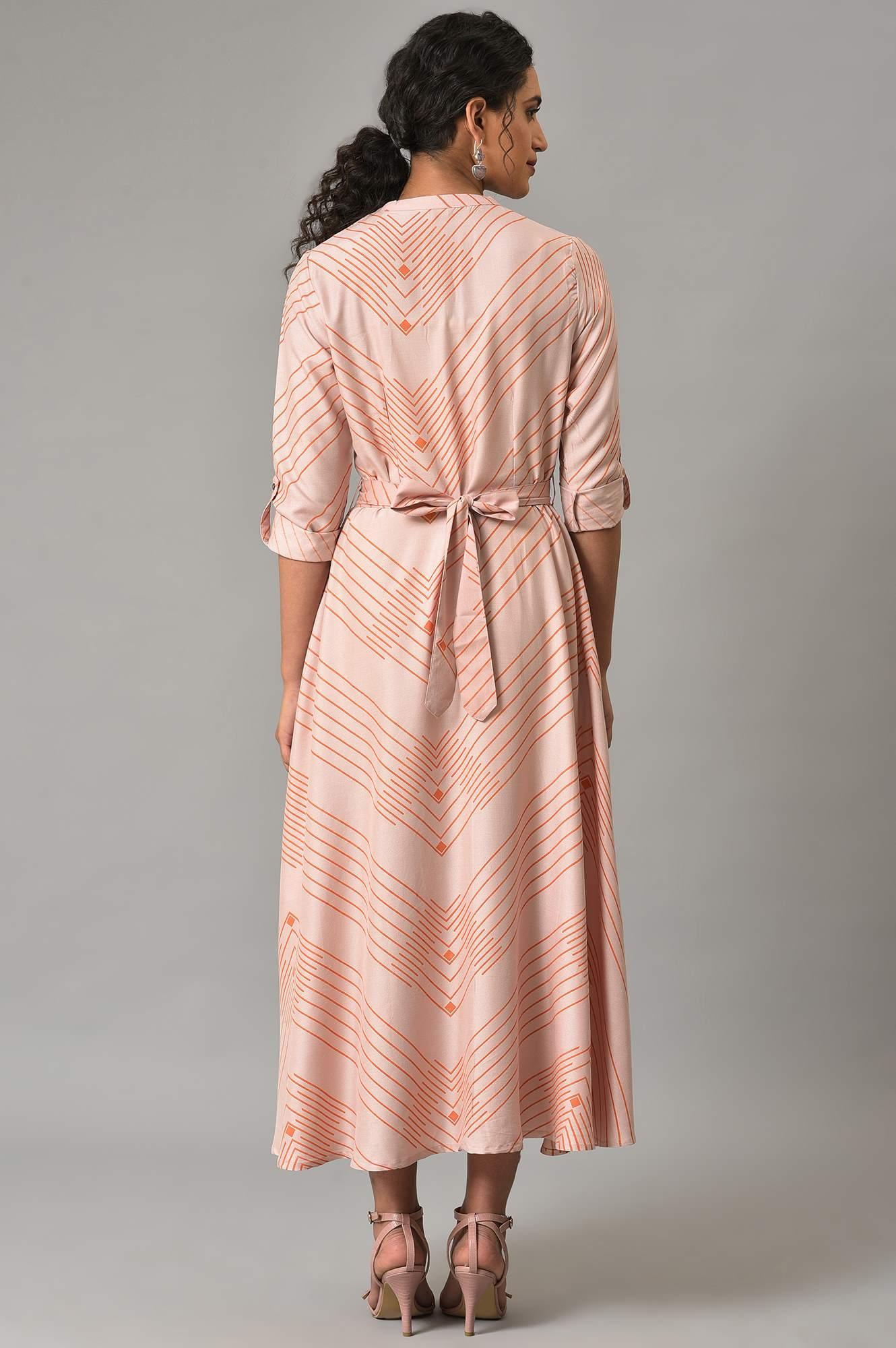 Dusty Pink Matrix Printed Circular Shirt Dress With Belt - wforwoman