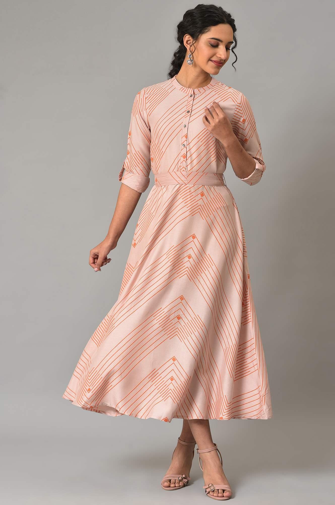 Plus Size Pink Matrix Printed Circular Shirt Dress With Belt - wforwoman