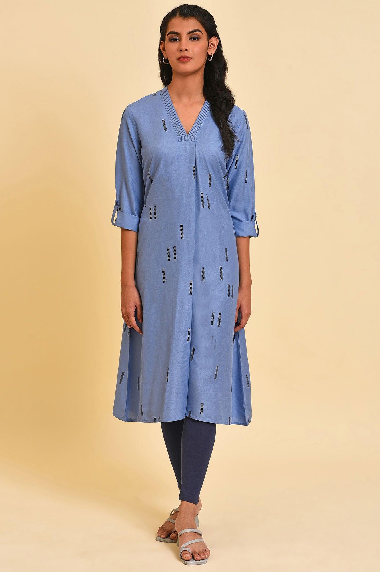 Blue V-Neck Plus Size Summer kurta - wforwoman