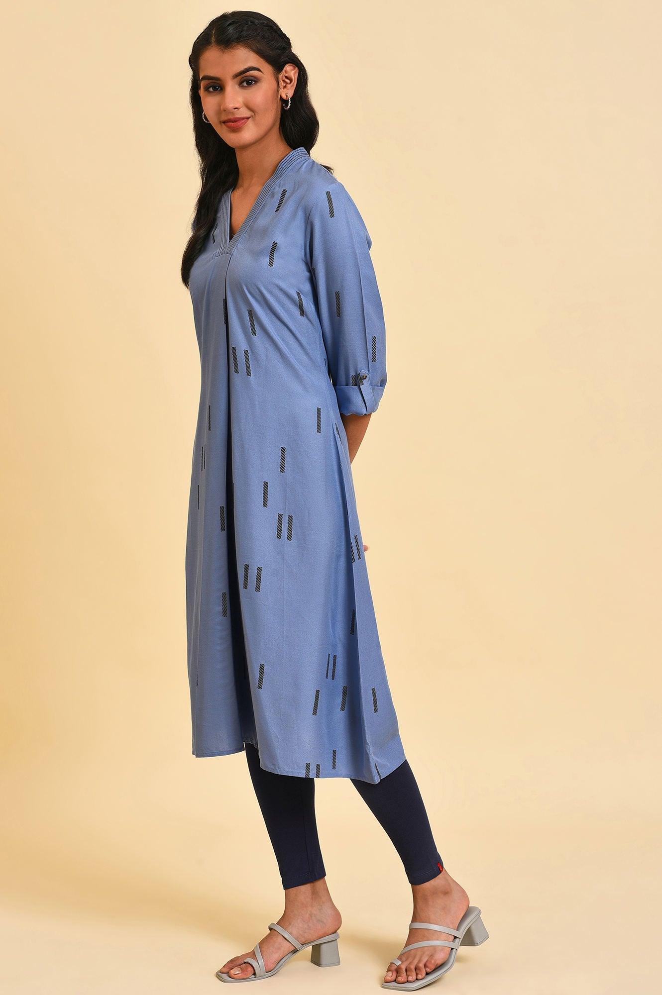 Blue V-Neck Plus Size Summer kurta - wforwoman