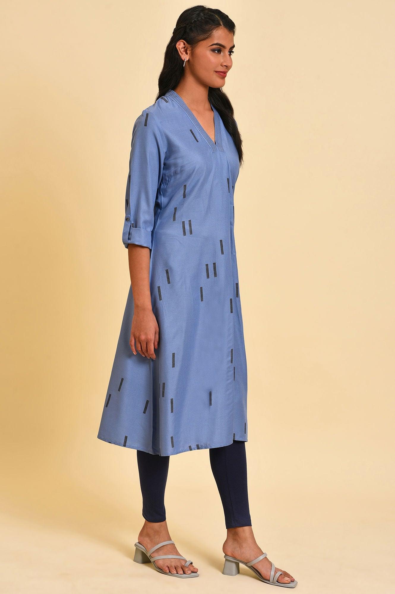 Blue V-Neck Plus Size Summer kurta - wforwoman