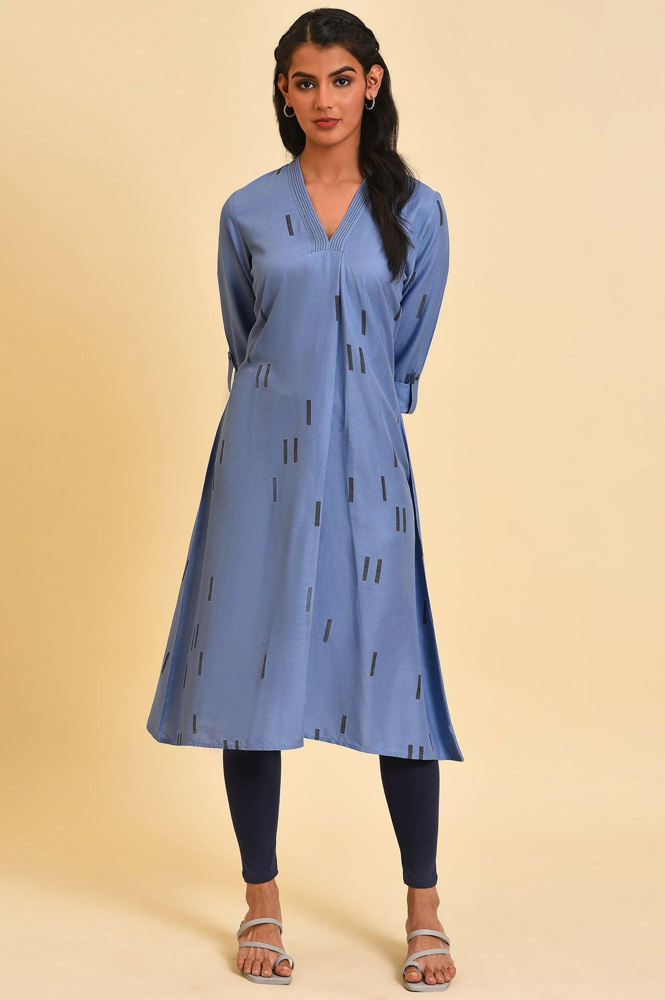 Blue V-Neck Plus Size Summer kurta - wforwoman