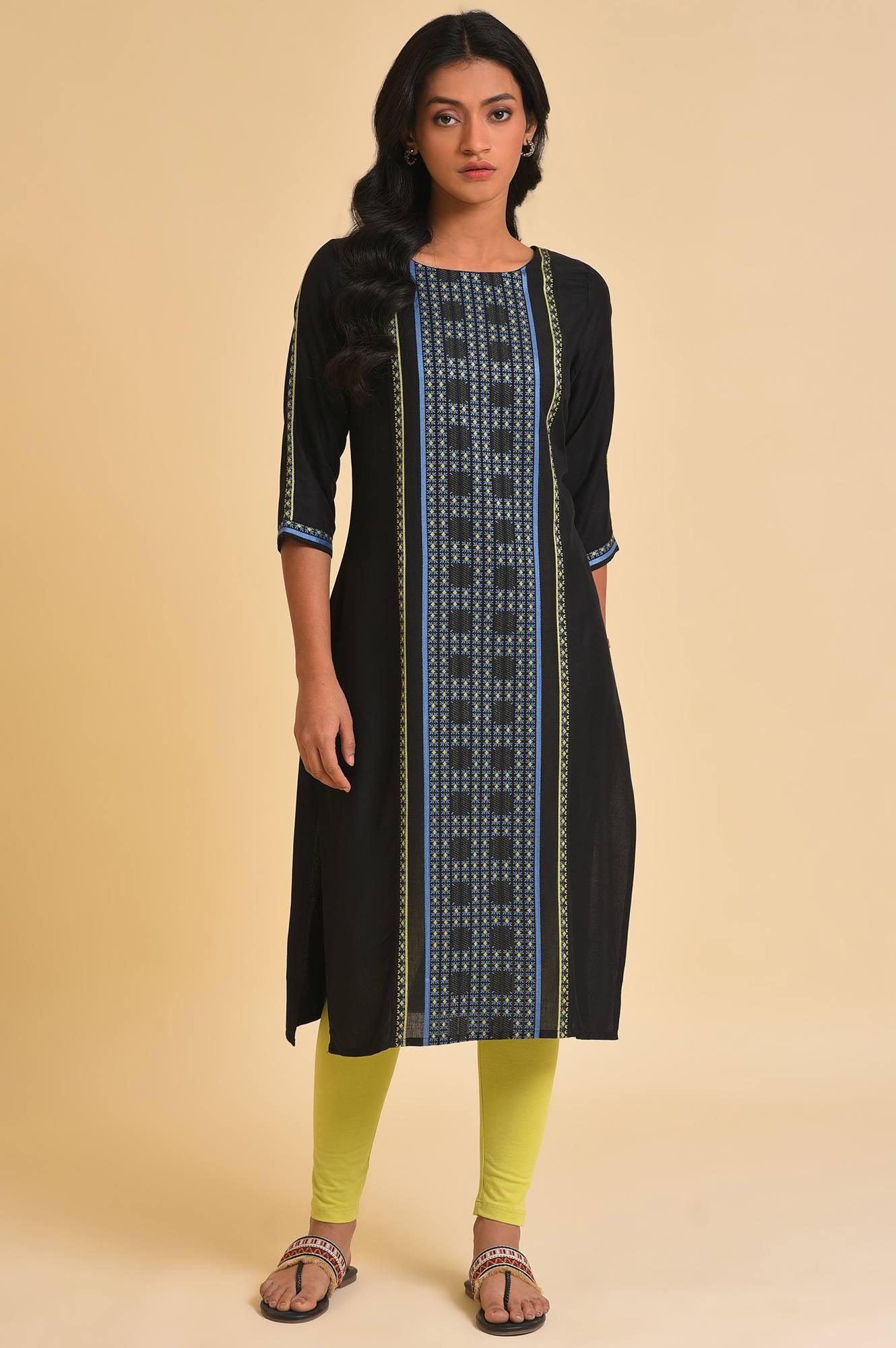 Plus Size Black Straight kurta With Printed Central Panel - wforwoman