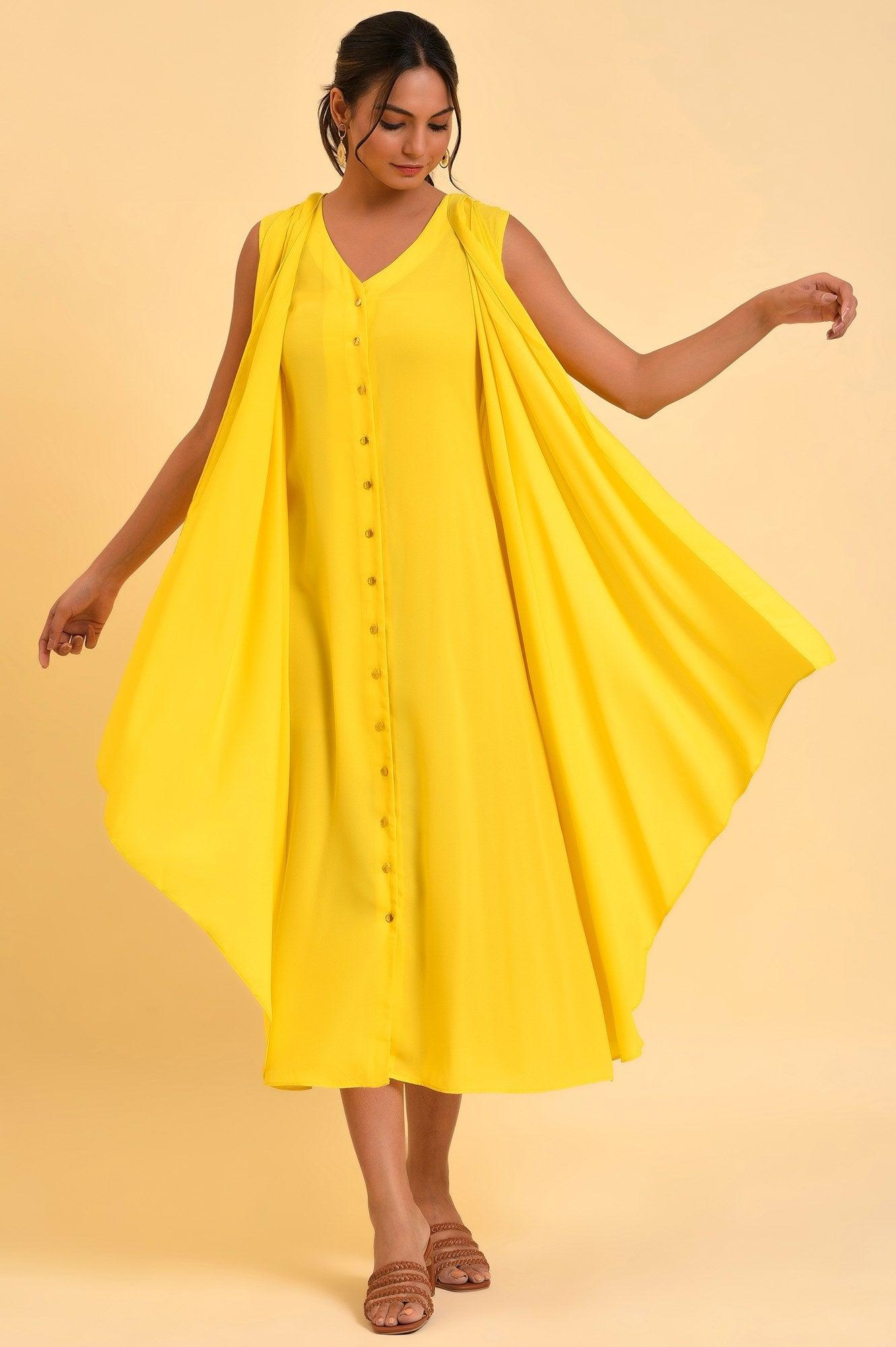 Yellow Fashionable Sleeveless Draped Dress - wforwoman