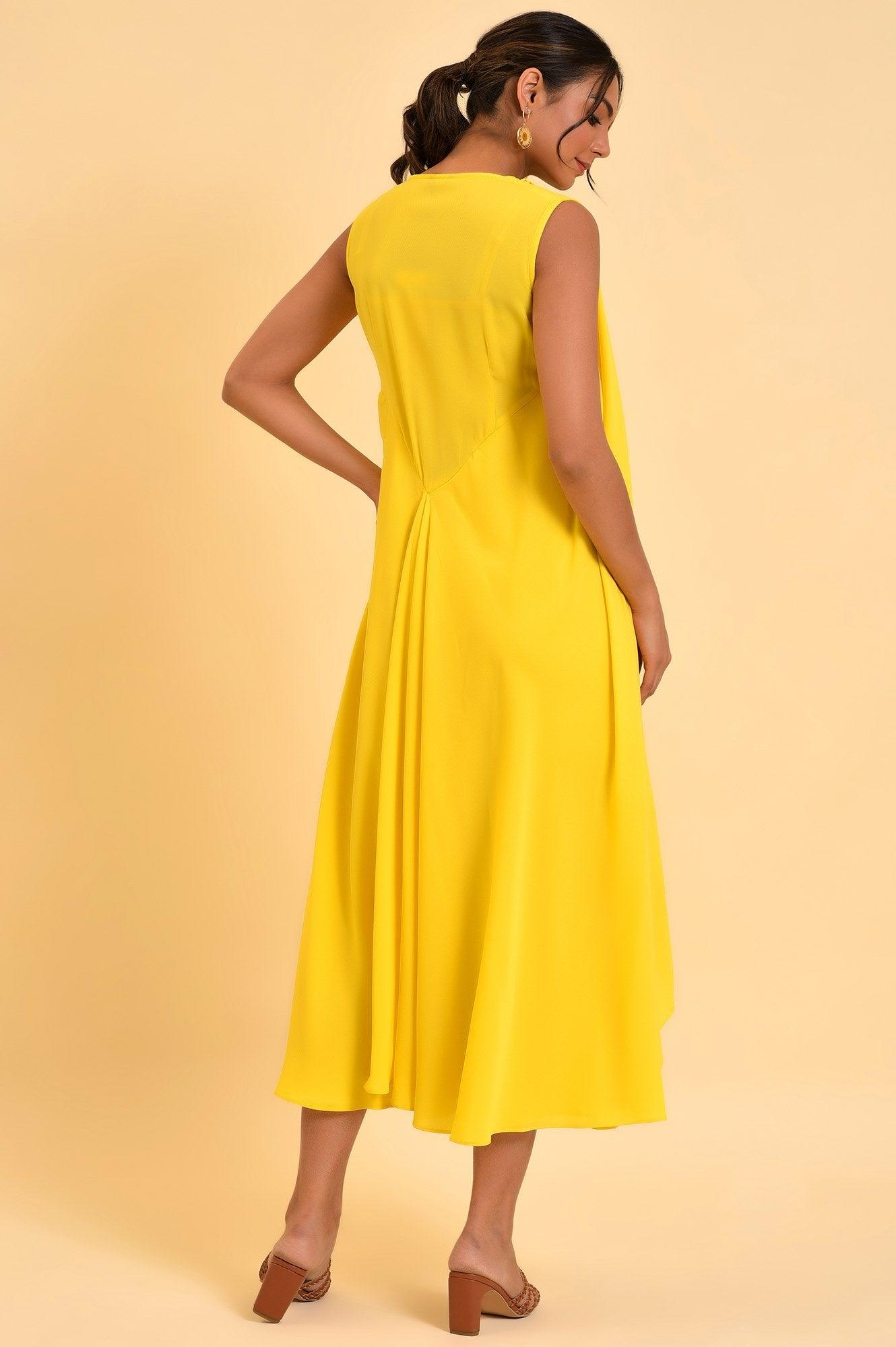 Yellow Fashionable Sleeveless Draped Dress - wforwoman