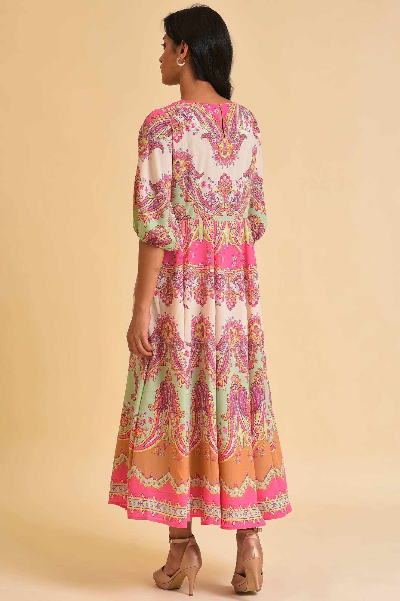 Soft Multi-Coloured Paisley Printed Panelled Dress - wforwoman