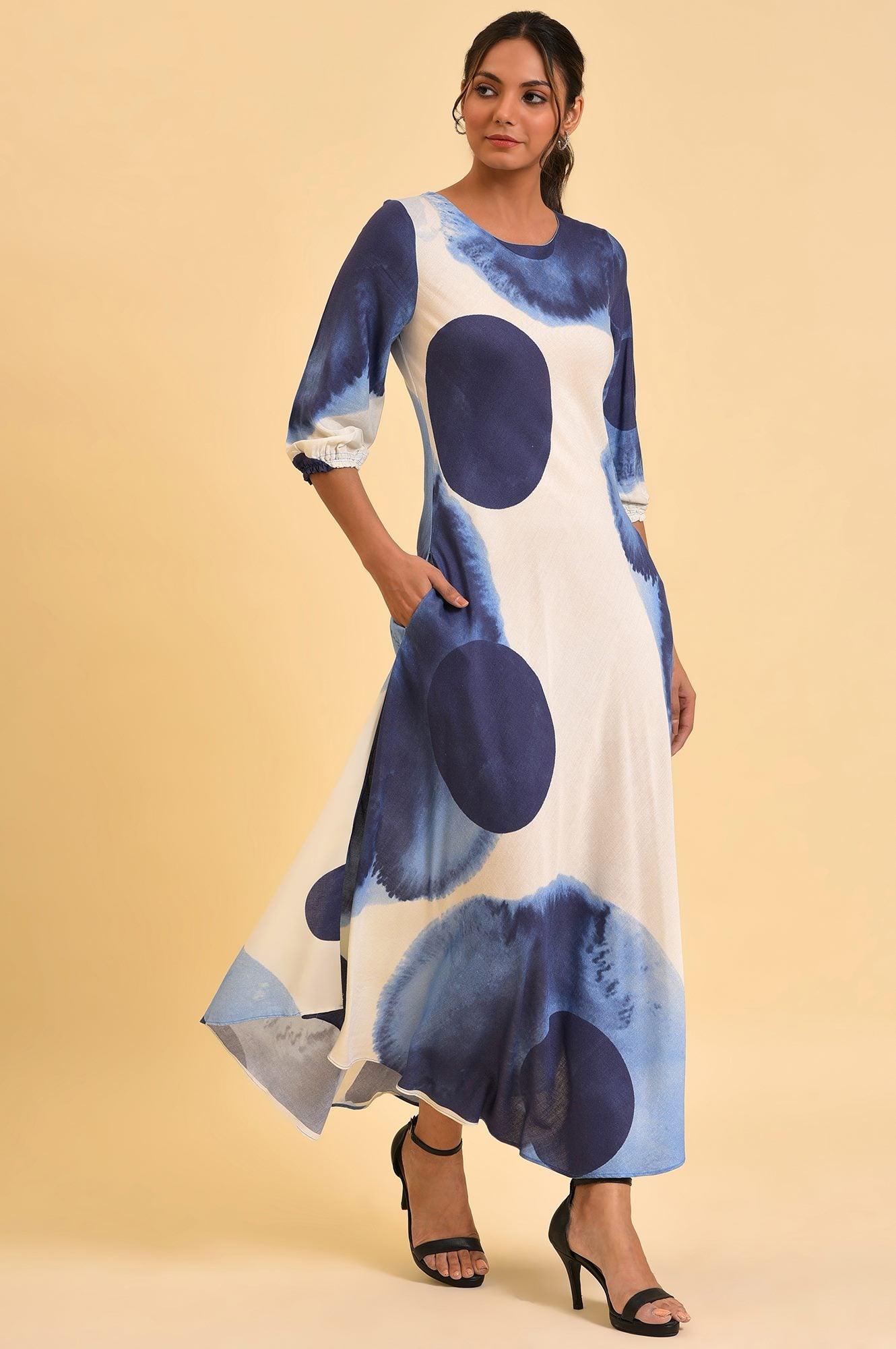 Ecru Flared Dress With Bold Blue Prints - wforwoman