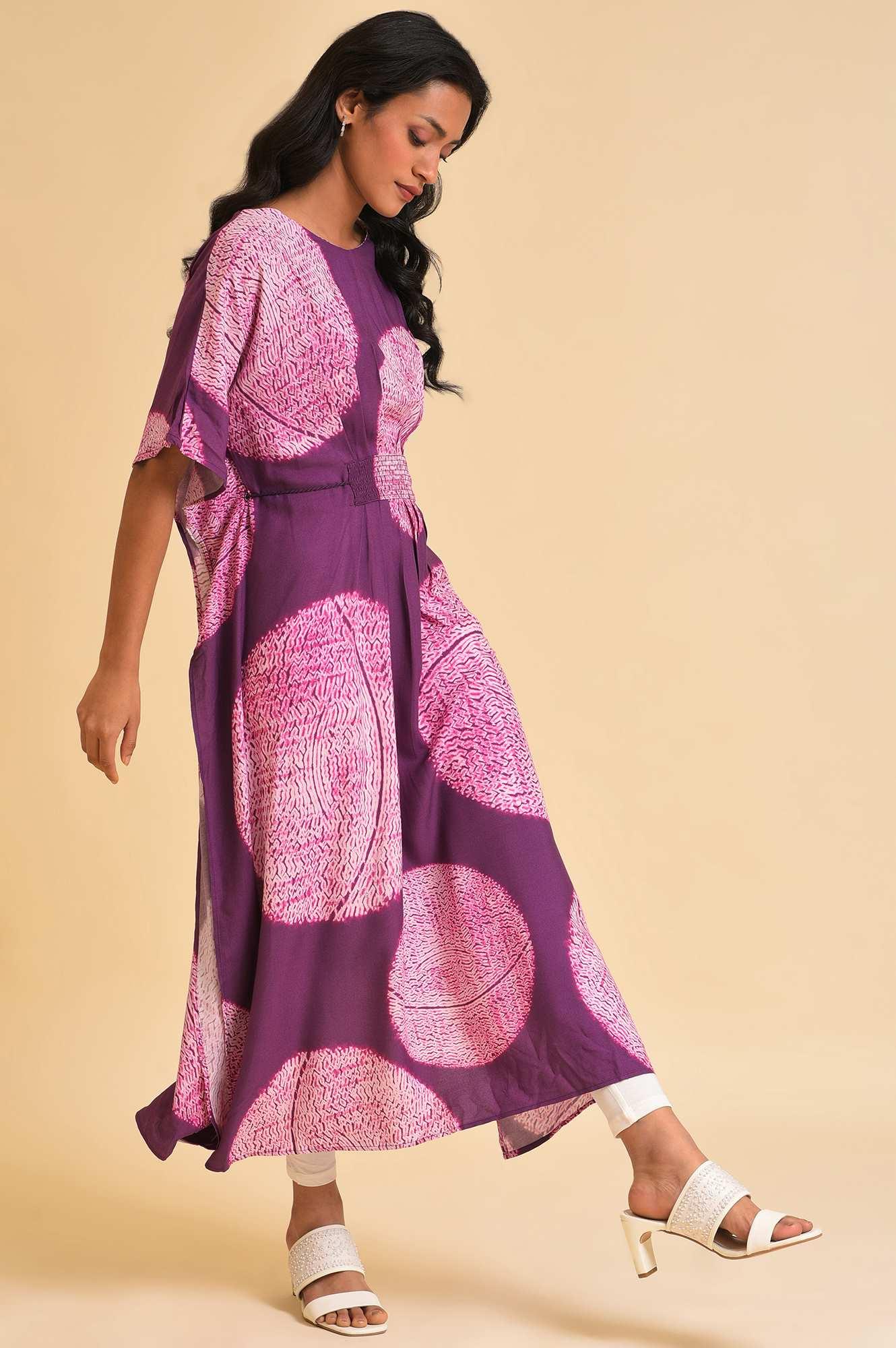 Purple Bold Graphic Printed Kaftan With Back Tie Up - wforwoman
