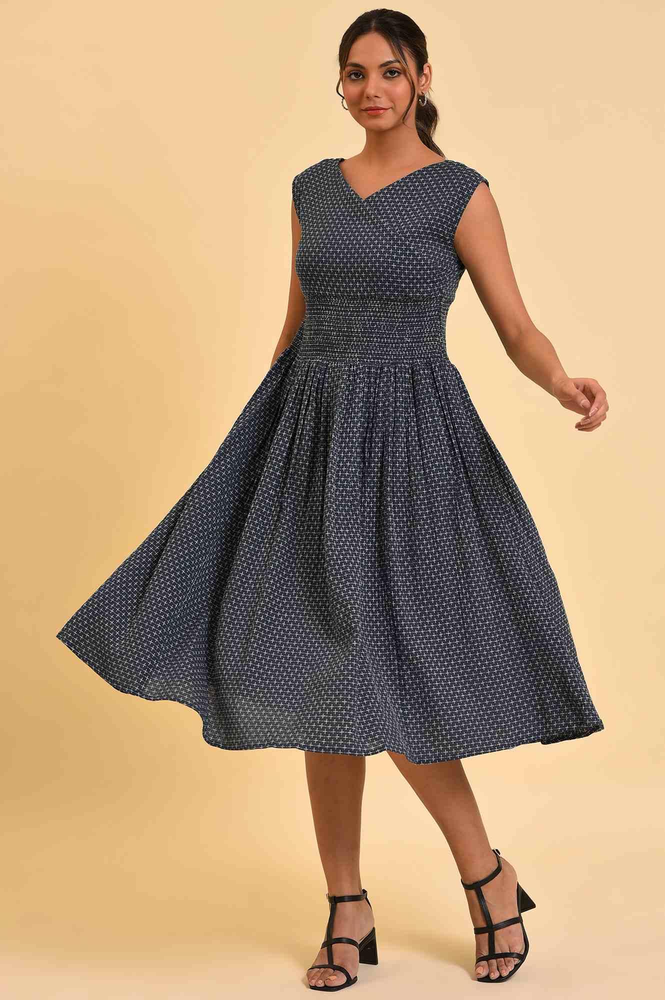 Blue Yarn Dyed Smocked Dress - wforwoman