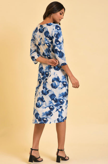 Blue Geometrical Printed Dress With Decorative Smocking - wforwoman