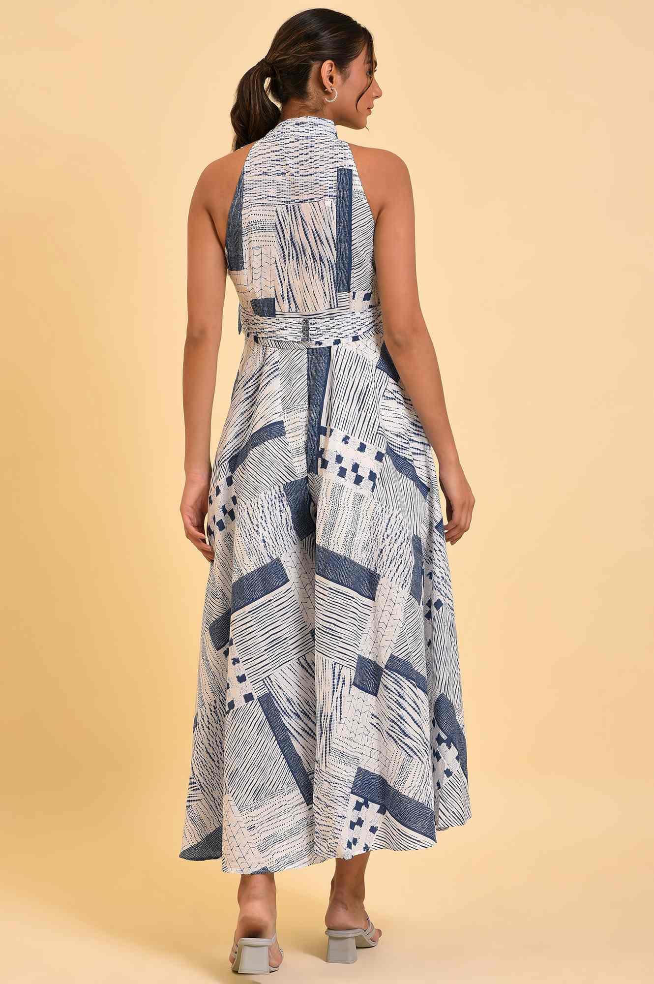 Blue Printed Western Jumpsuit With Pleated Belt - wforwoman