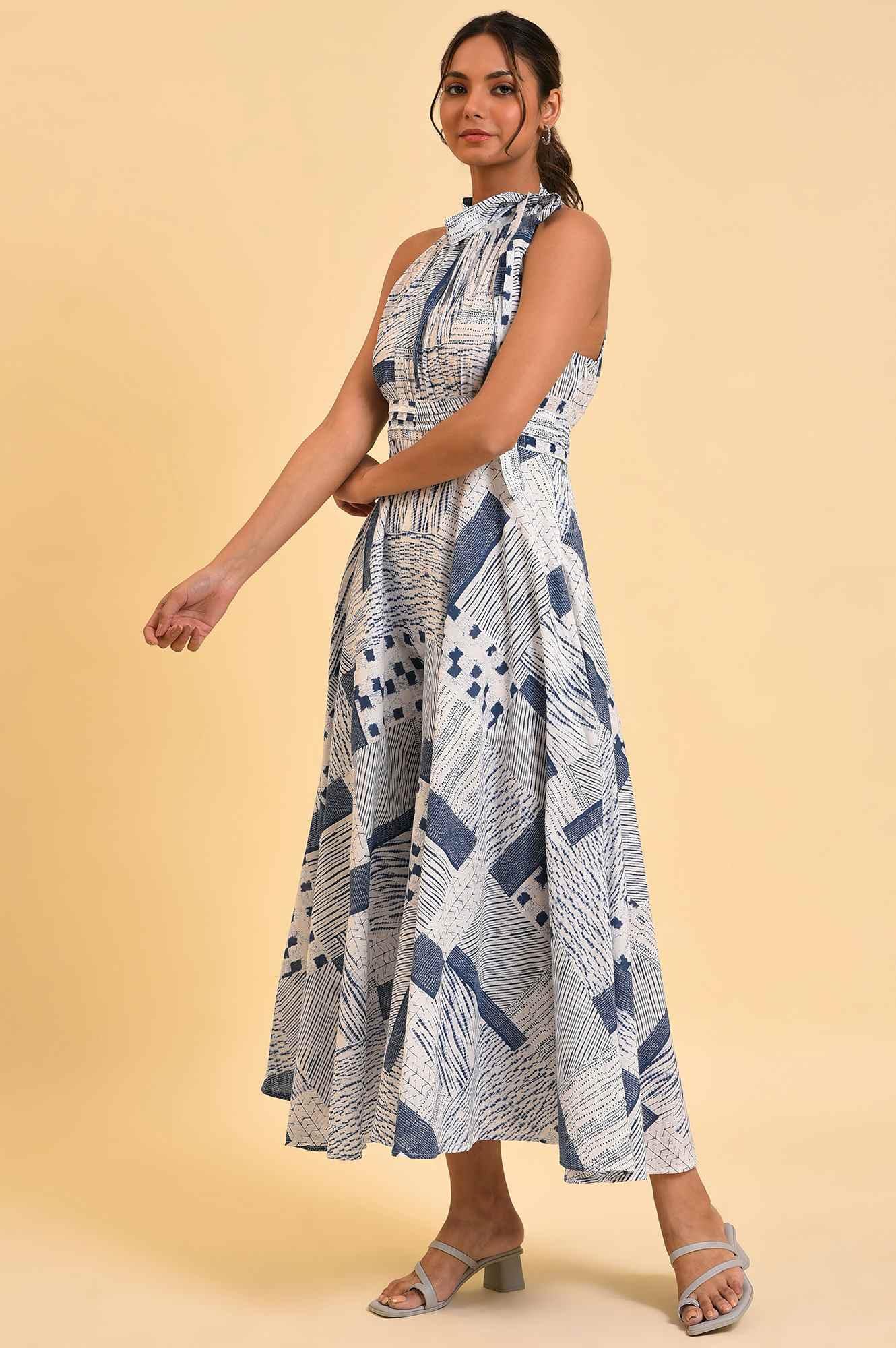Blue Printed Western Jumpsuit With Pleated Belt - wforwoman