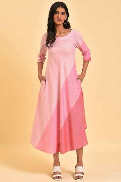 Pink Colourful Bias Stripe FLared Dress - wforwoman