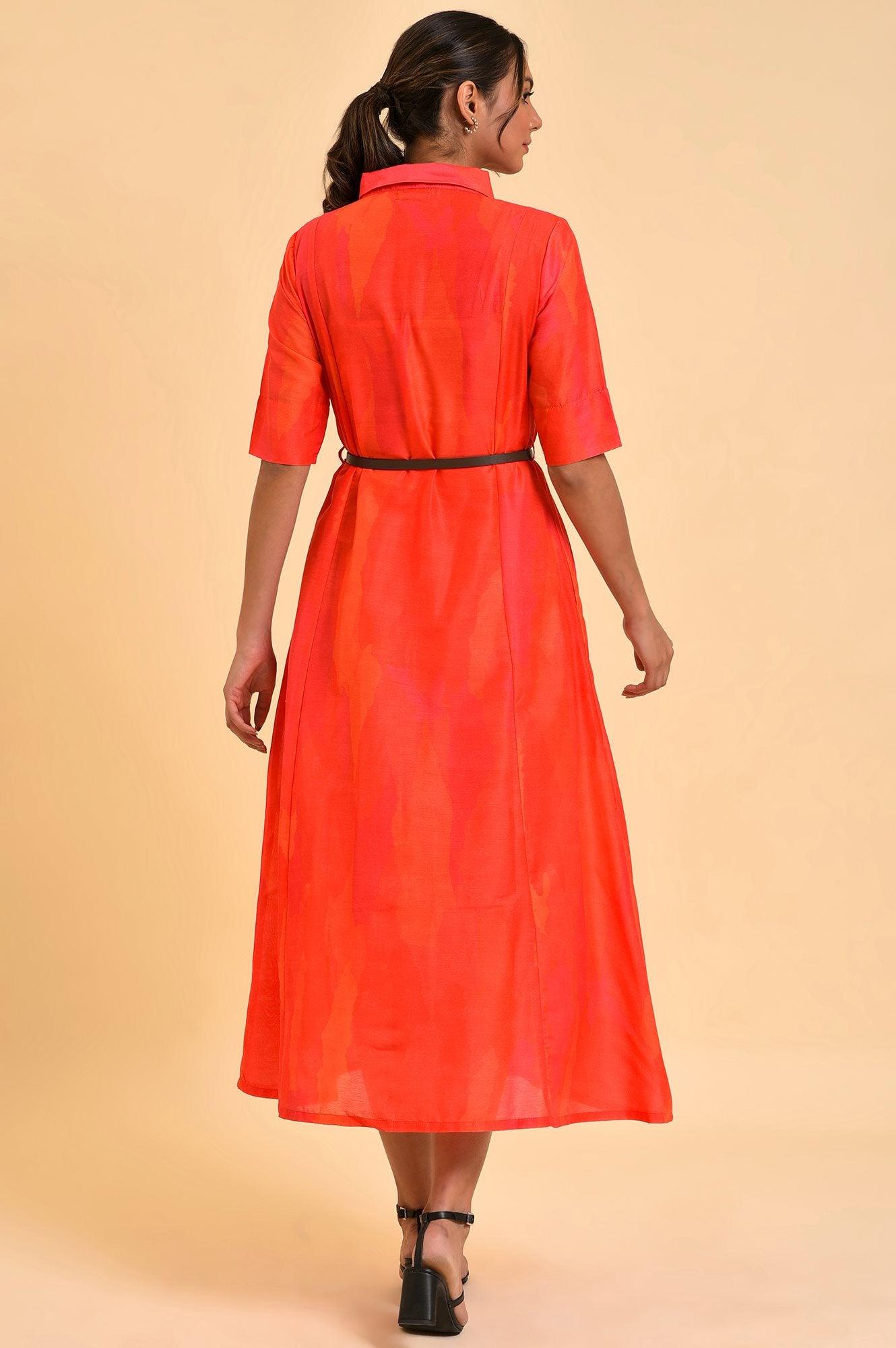 Red Abstract Printed Long Shirt Dress - wforwoman
