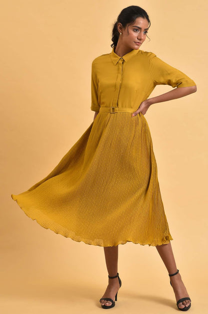 Mustard Yellow Pleated Rayon Flared Dress with Belt – wforwoman