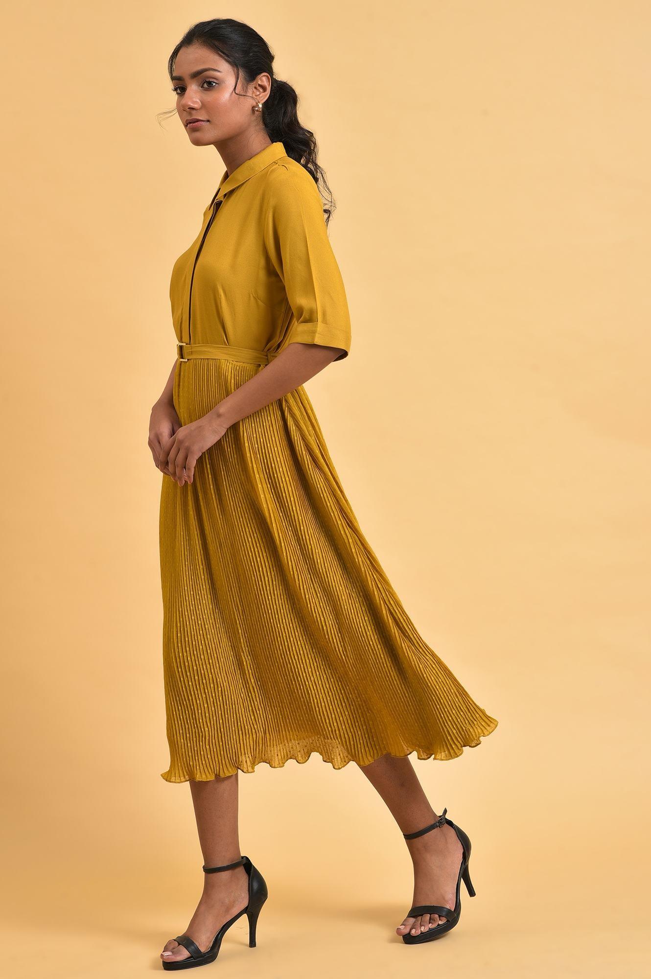 Mustard Yellow Pleated Dress - wforwoman