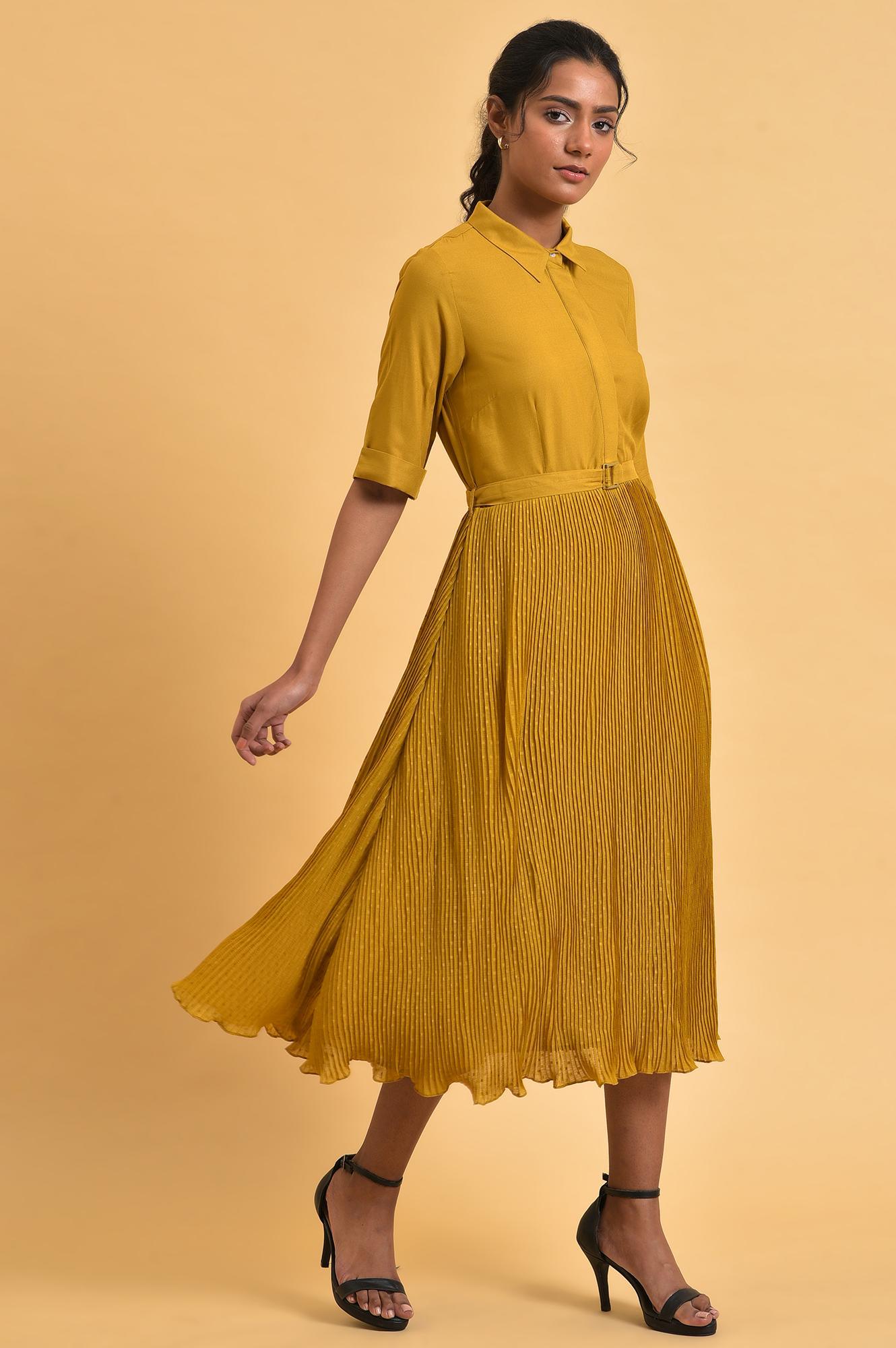 Mustard Yellow Pleated Dress - wforwoman