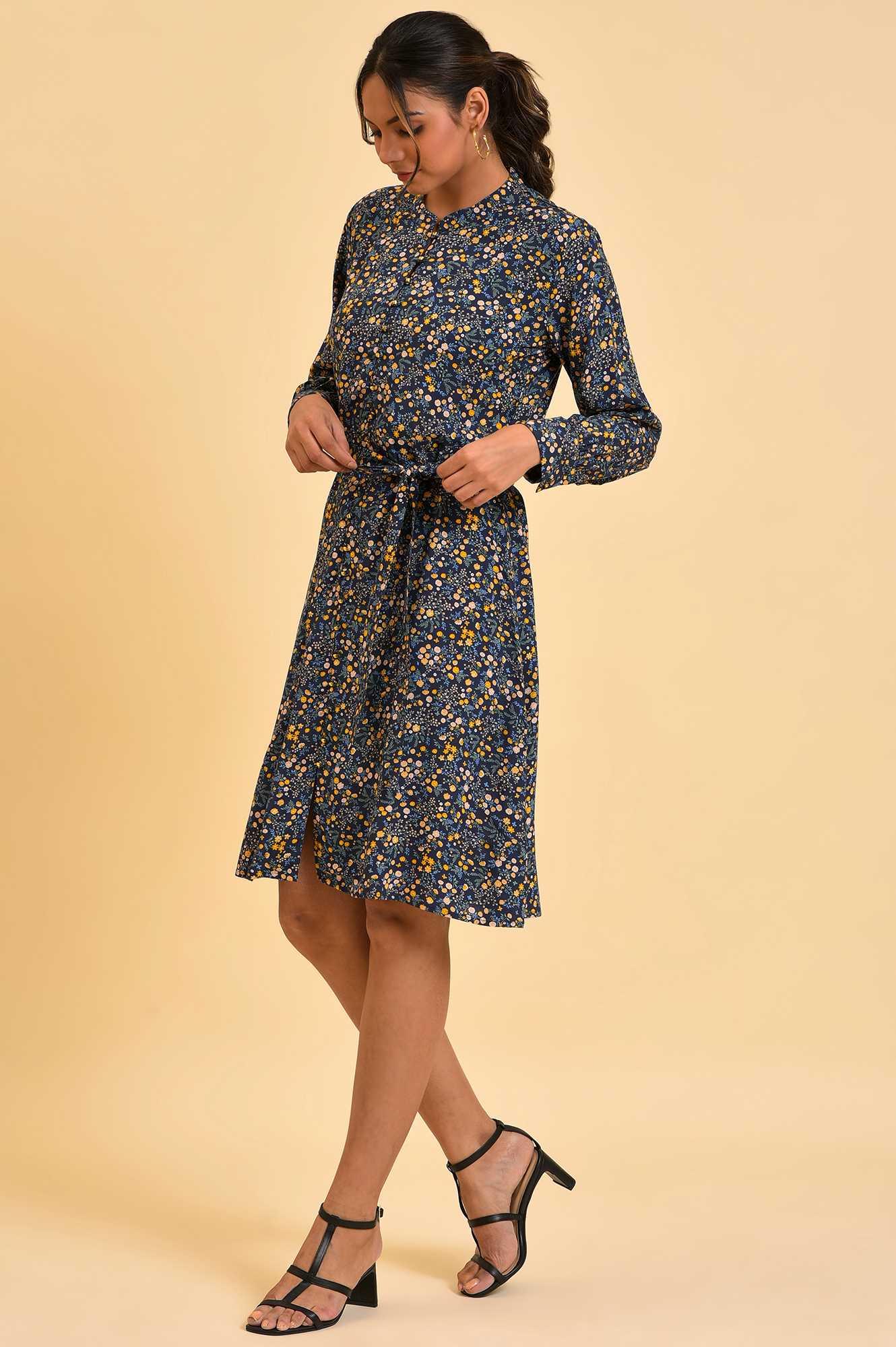 Blue Floral Printed Dress With Belt - wforwoman