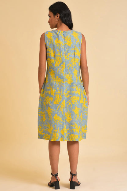 Blue And Yellow Abstract Print Western Dress - wforwoman