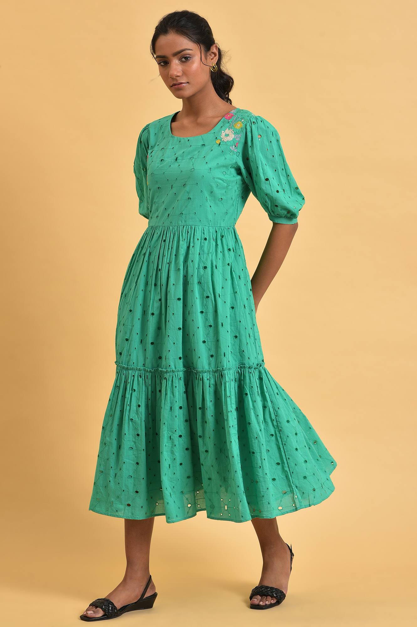 Green Schiffli Embroidered Dress - wforwoman