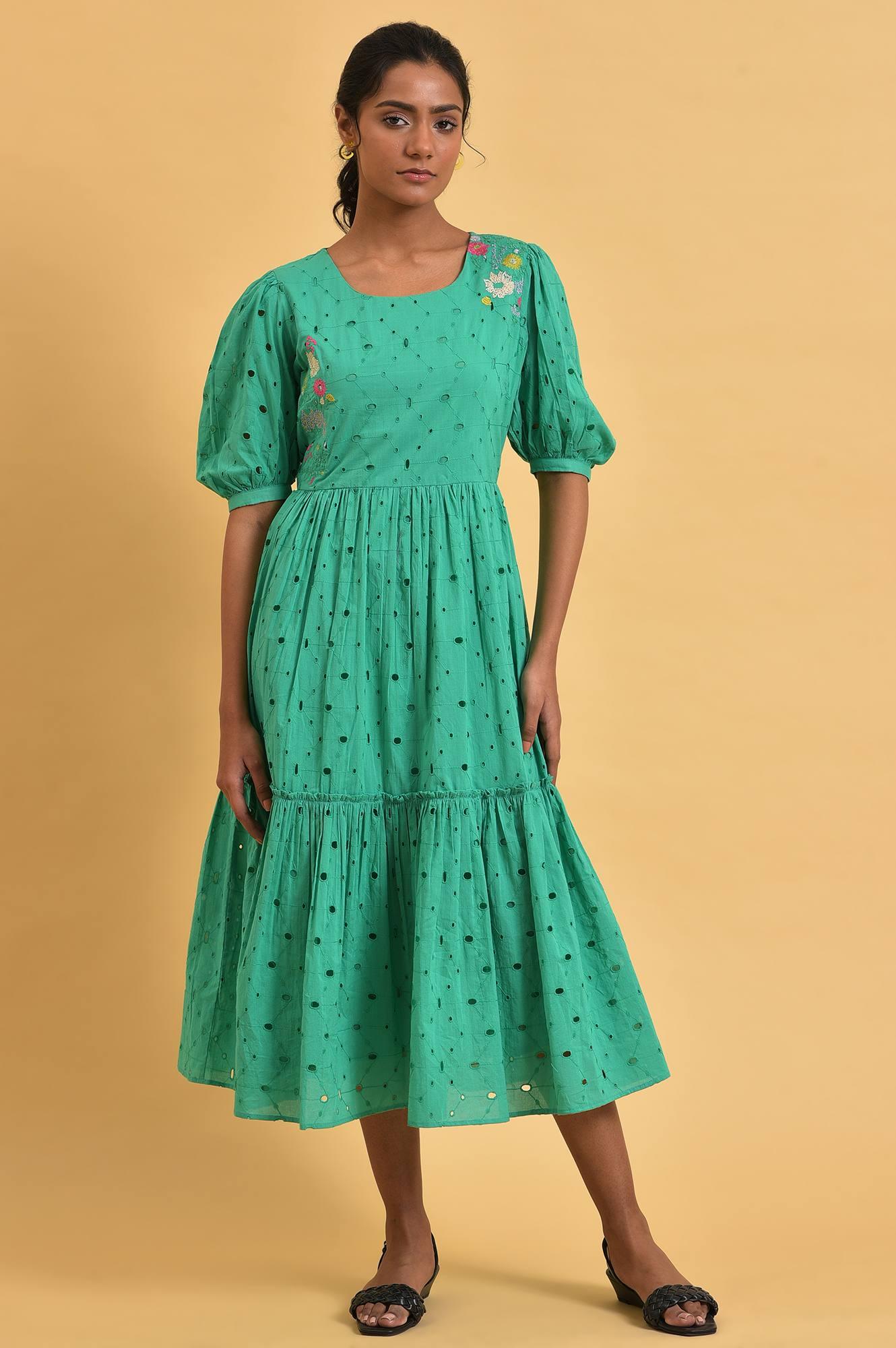 Green Schiffli Embroidered Dress - wforwoman