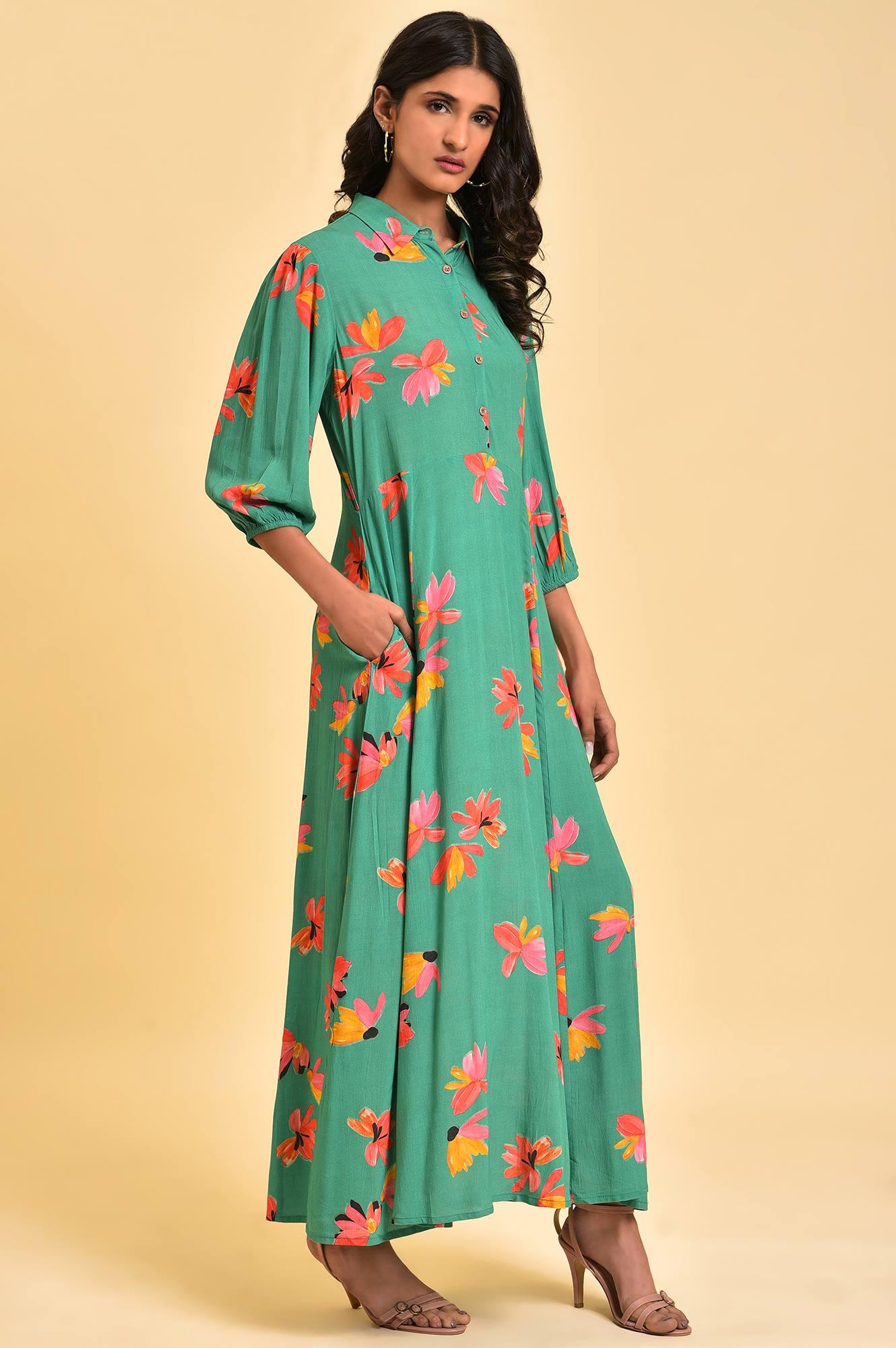Green Floral Printed Long Shirt Dress - wforwoman