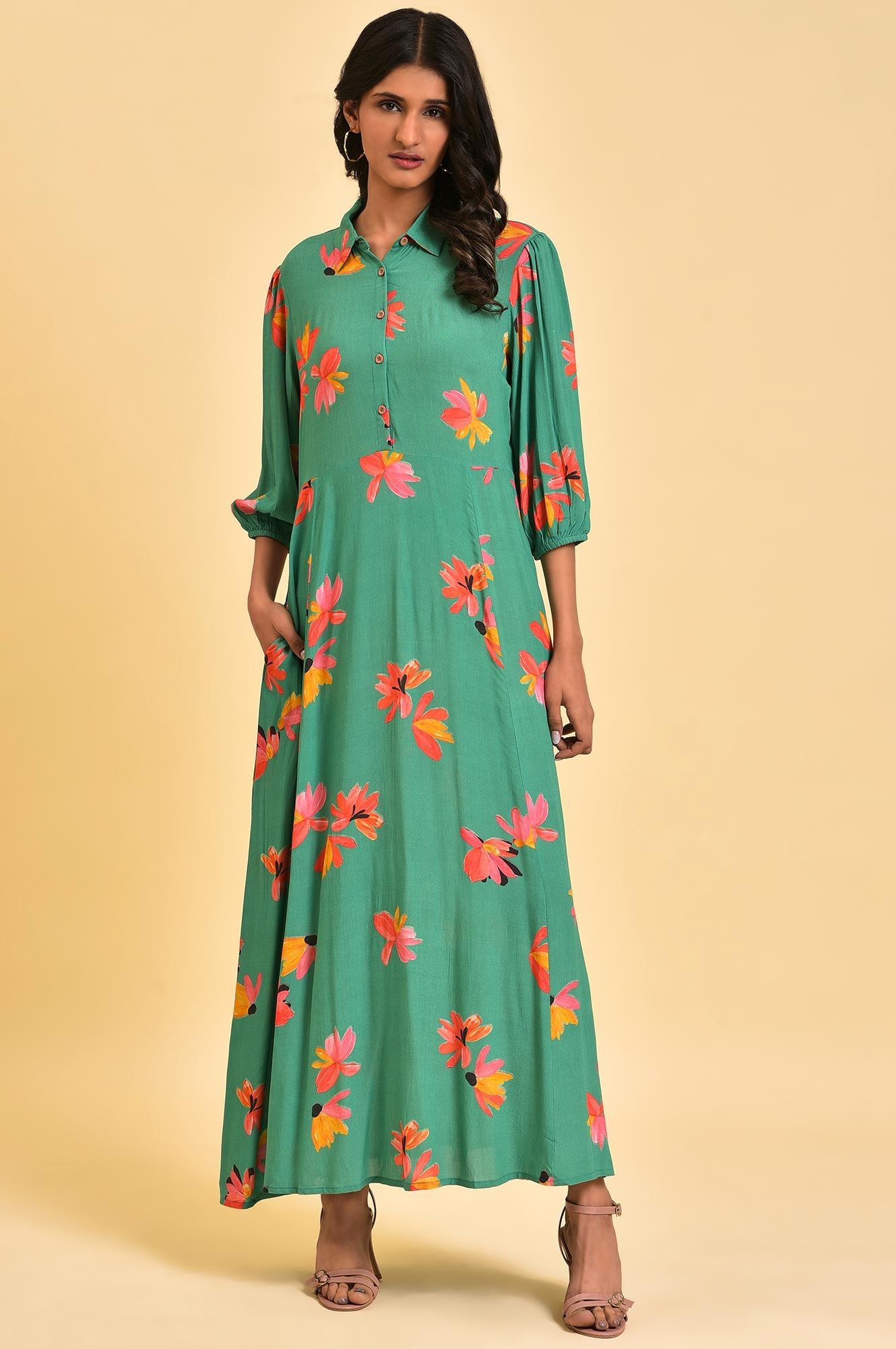 Green Floral Printed Long Shirt Dress - wforwoman
