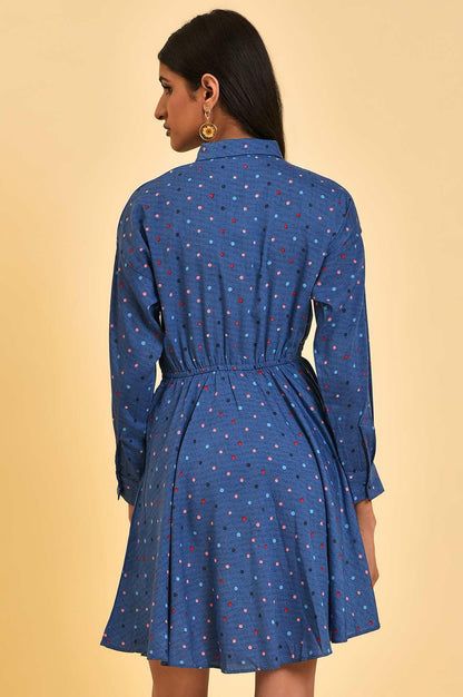 Blue Polka Dot Embroidered Dress - wforwoman