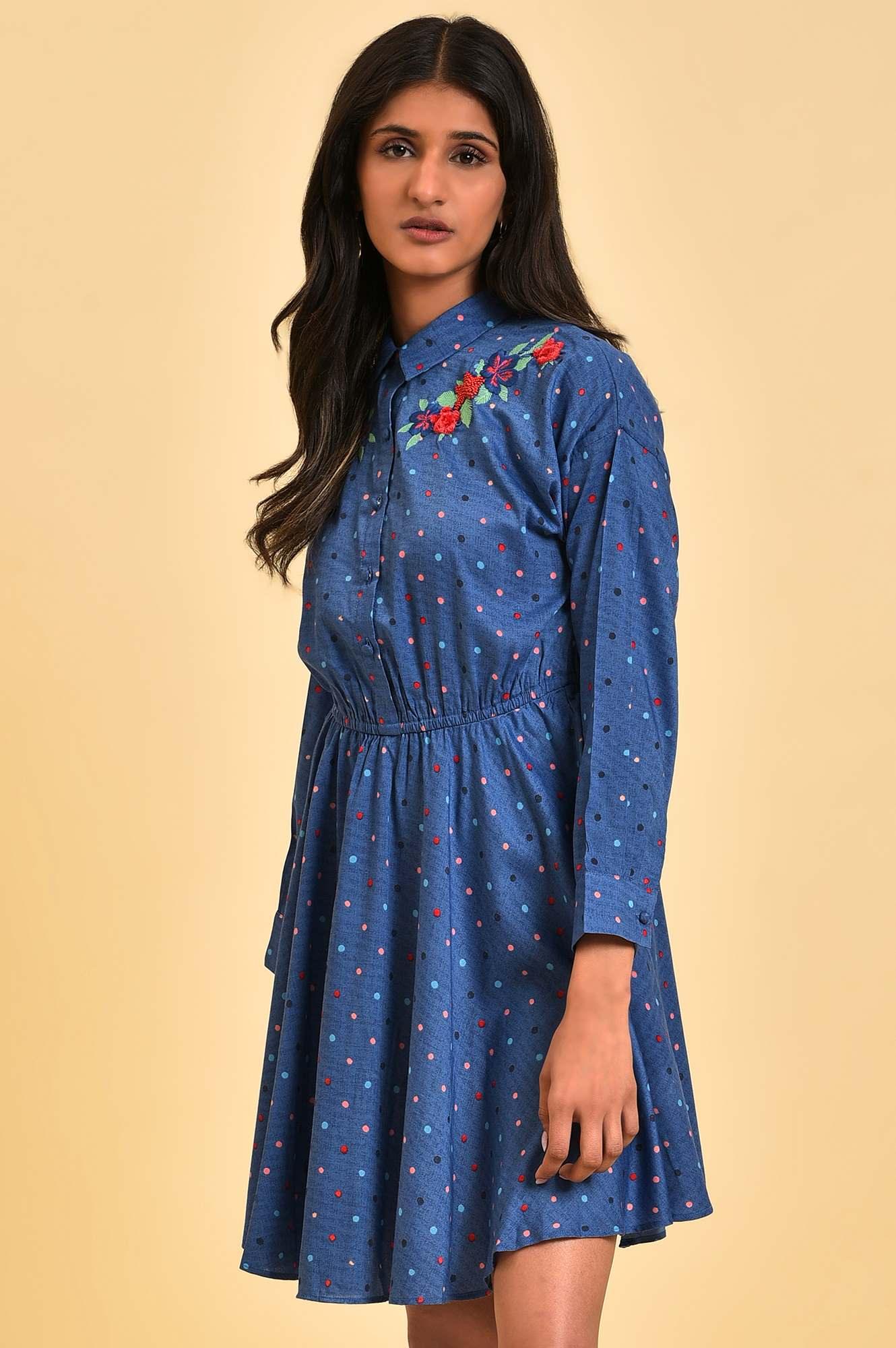 Blue Polka Dot Embroidered Dress - wforwoman