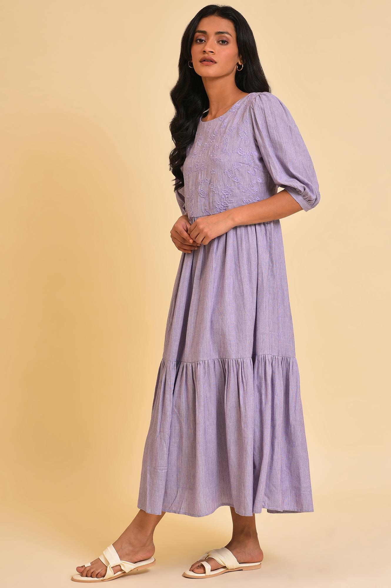 Light Purple Embroidered Tiered Chambray Dress - wforwoman