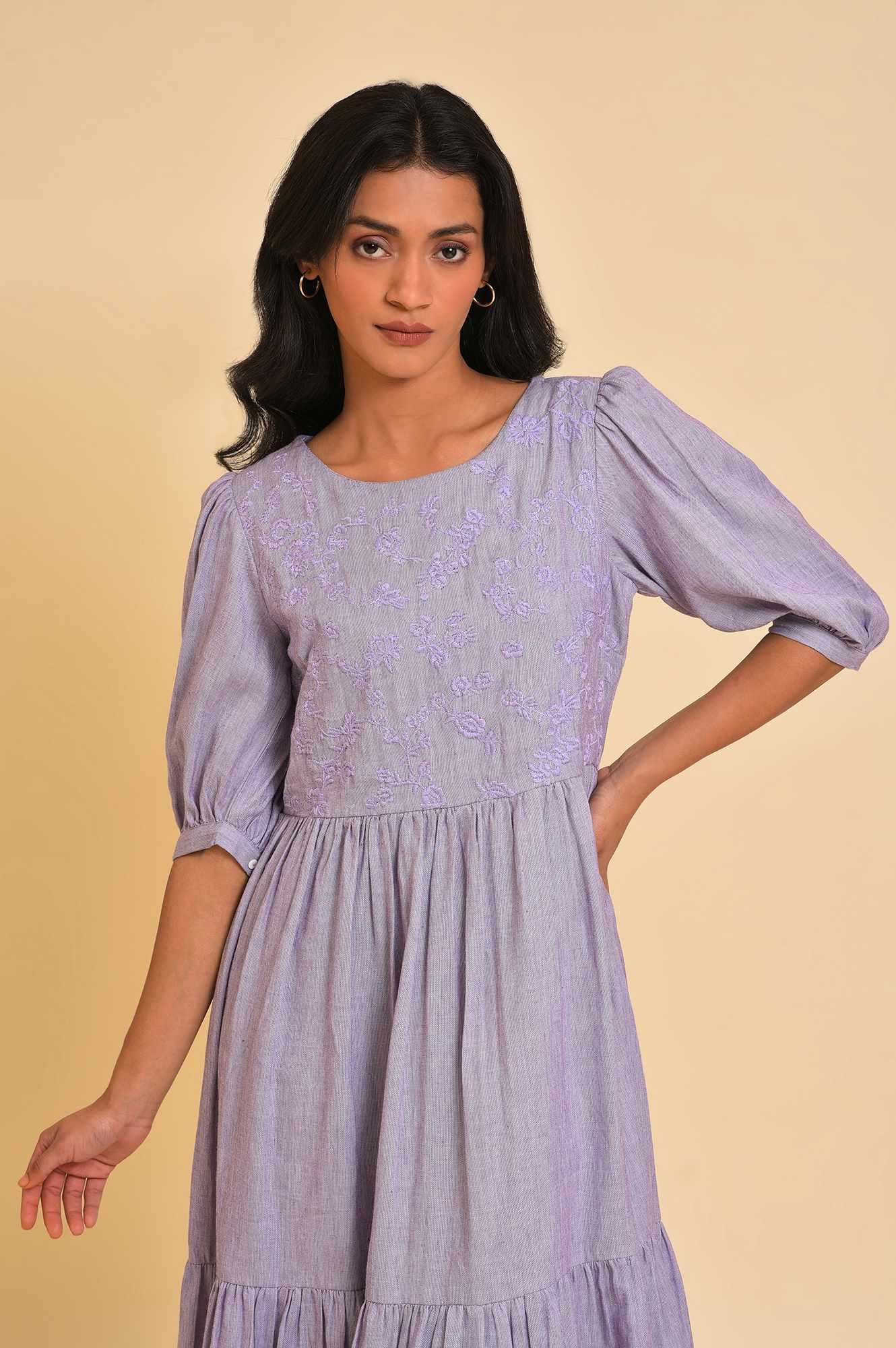 Light Purple Embroidered Tiered Chambray Dress - wforwoman