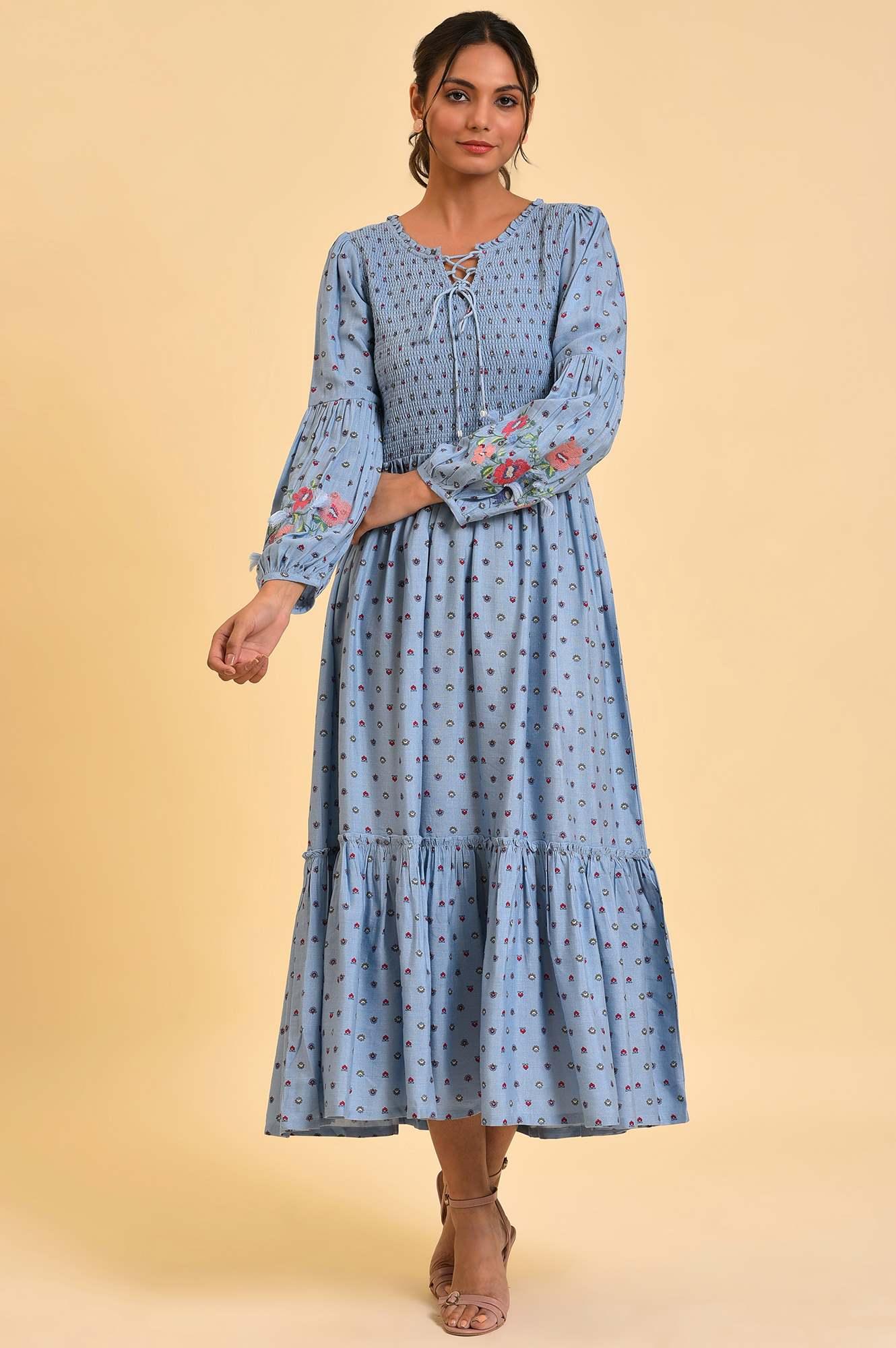 Light Blue Printed Tiered Long Dress - wforwoman