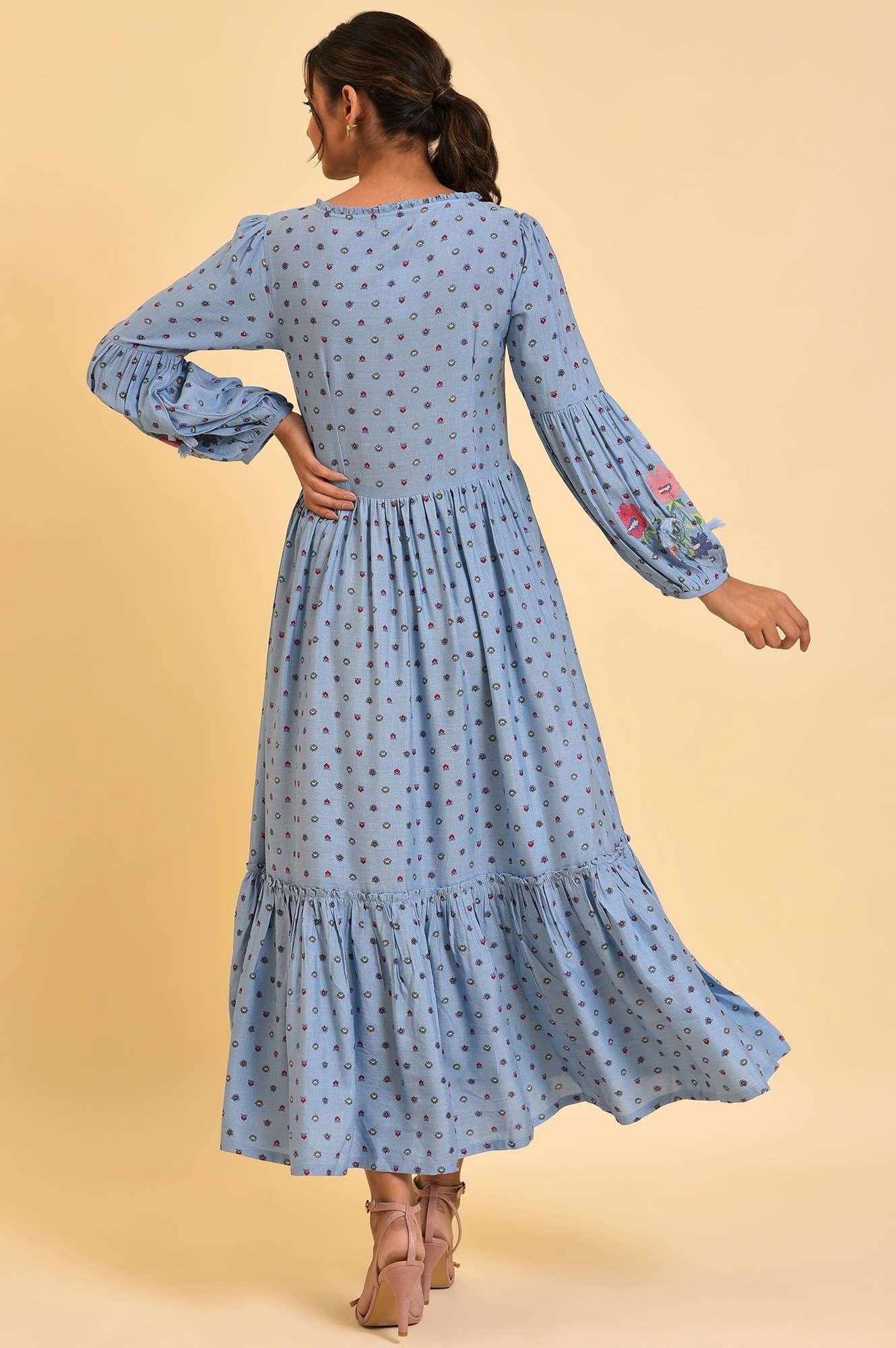 Light Blue Printed Tiered Long Dress - wforwoman
