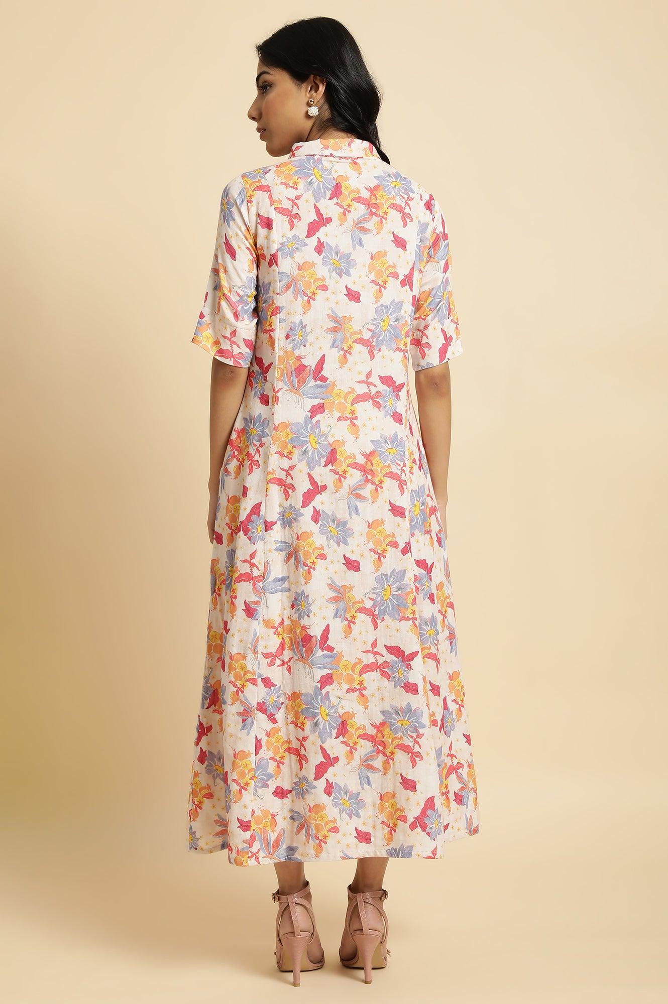 Ecru Floral Printed Cotton Long Shirt Dress - wforwoman