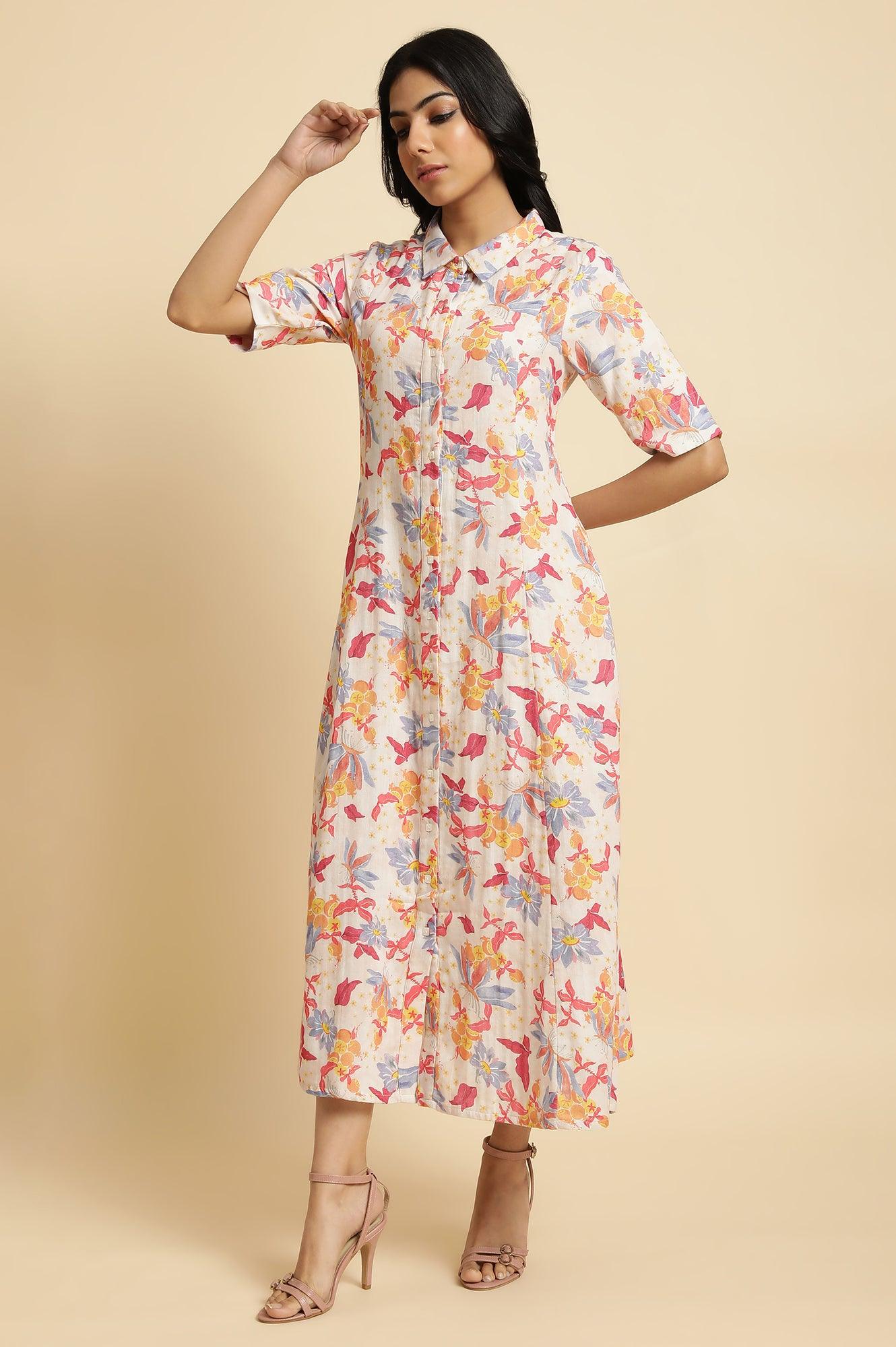 Ecru Floral Printed Cotton Long Shirt Dress - wforwoman