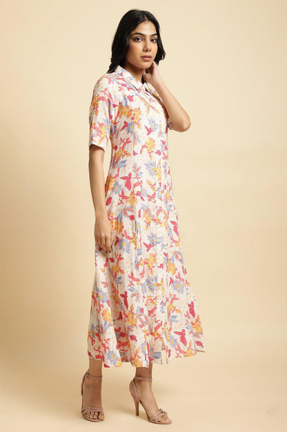 Ecru Floral Printed Cotton Long Shirt Dress - wforwoman