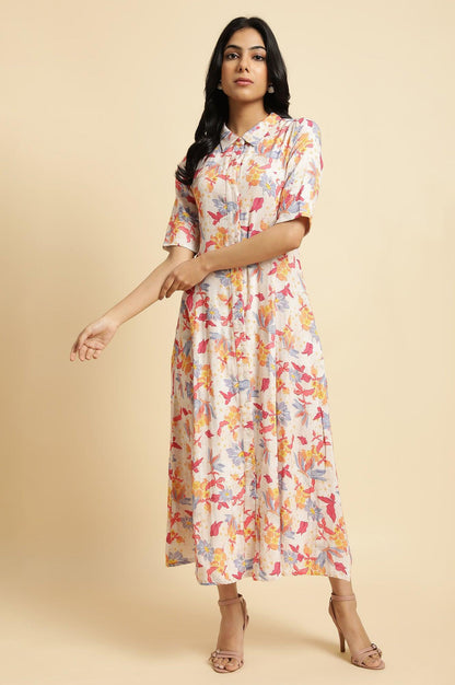 Ecru Floral Printed Cotton Long Shirt Dress - wforwoman