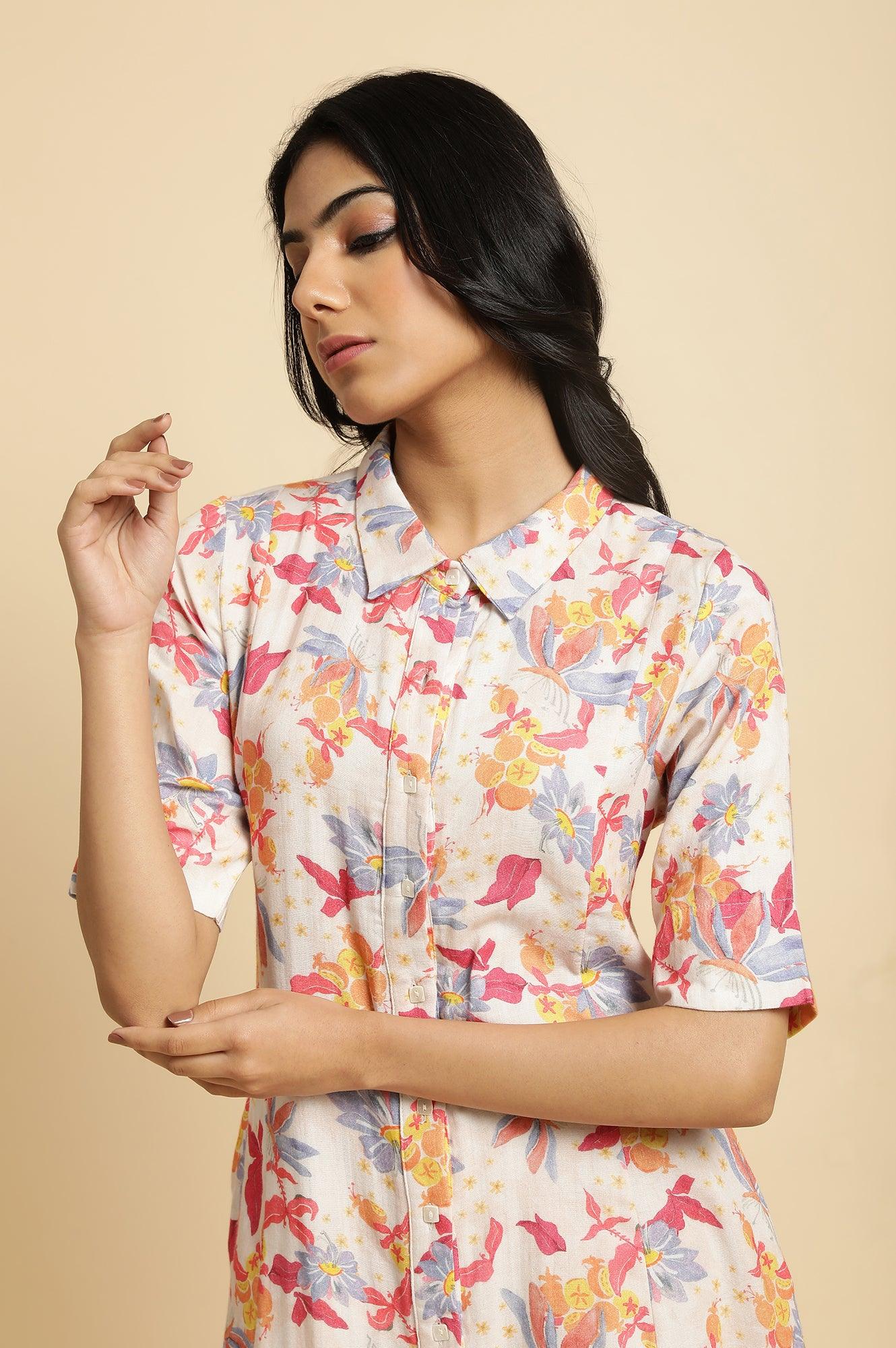 Ecru Floral Printed Cotton Long Shirt Dress - wforwoman