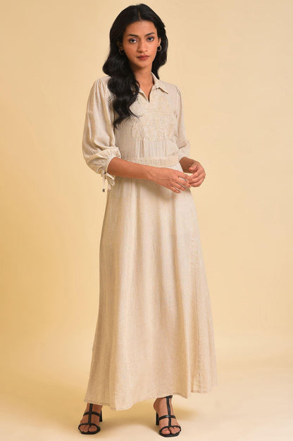 Ecru Embroidered Yarn Dyed Long Dress With Belt - wforwoman
