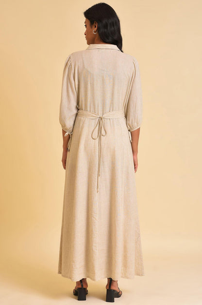 Ecru Embroidered Yarn Dyed Long Dress With Belt - wforwoman