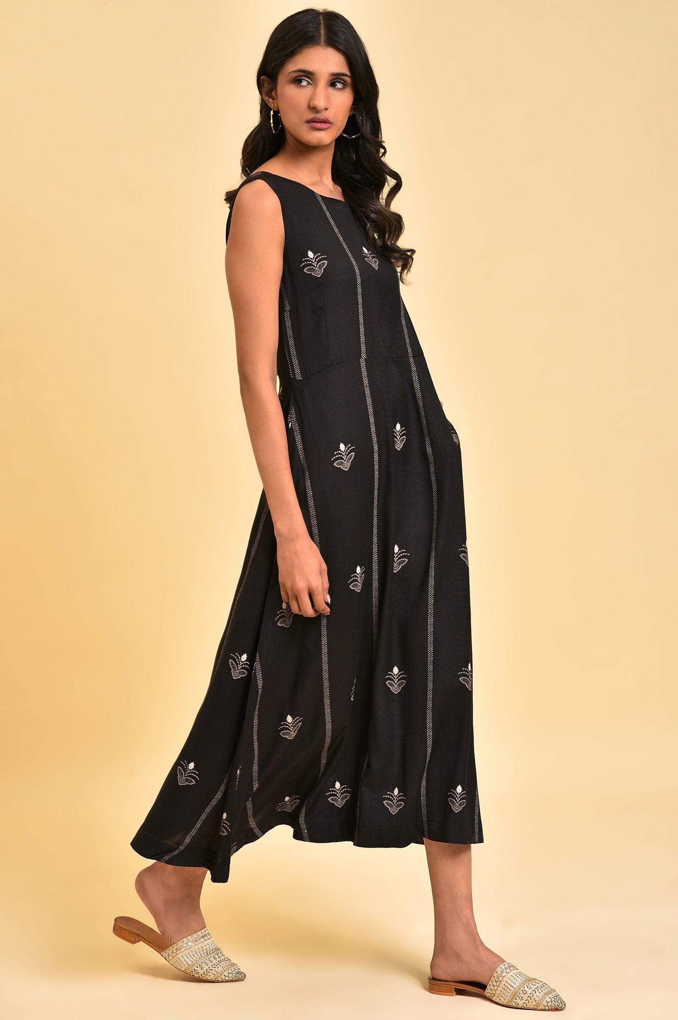 Black Sleeveless A-line Long Dress - wforwoman